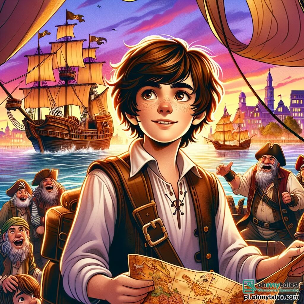 Une illustration sous forme de dessin destinée aux enfants représentant un port animé au coucher du soleil, avec des voiles de navires colorés flottant dans le vent, au premier plan un jeune garçon aux cheveux bruns ébouriffés, vêtu d'une chemise blanche et d'un gilet en cuir, tenant une carte au trésor avec un regard déterminé, tandis qu'en arrière-plan, un groupe de pirates aux visages burinés et aux vêtements usés, riant et s'affairant autour d'un vieux navire en bois, alors qu'ils se préparent à partir à l'aventure à la recherche d'une île mystérieuse pleine de trésors.