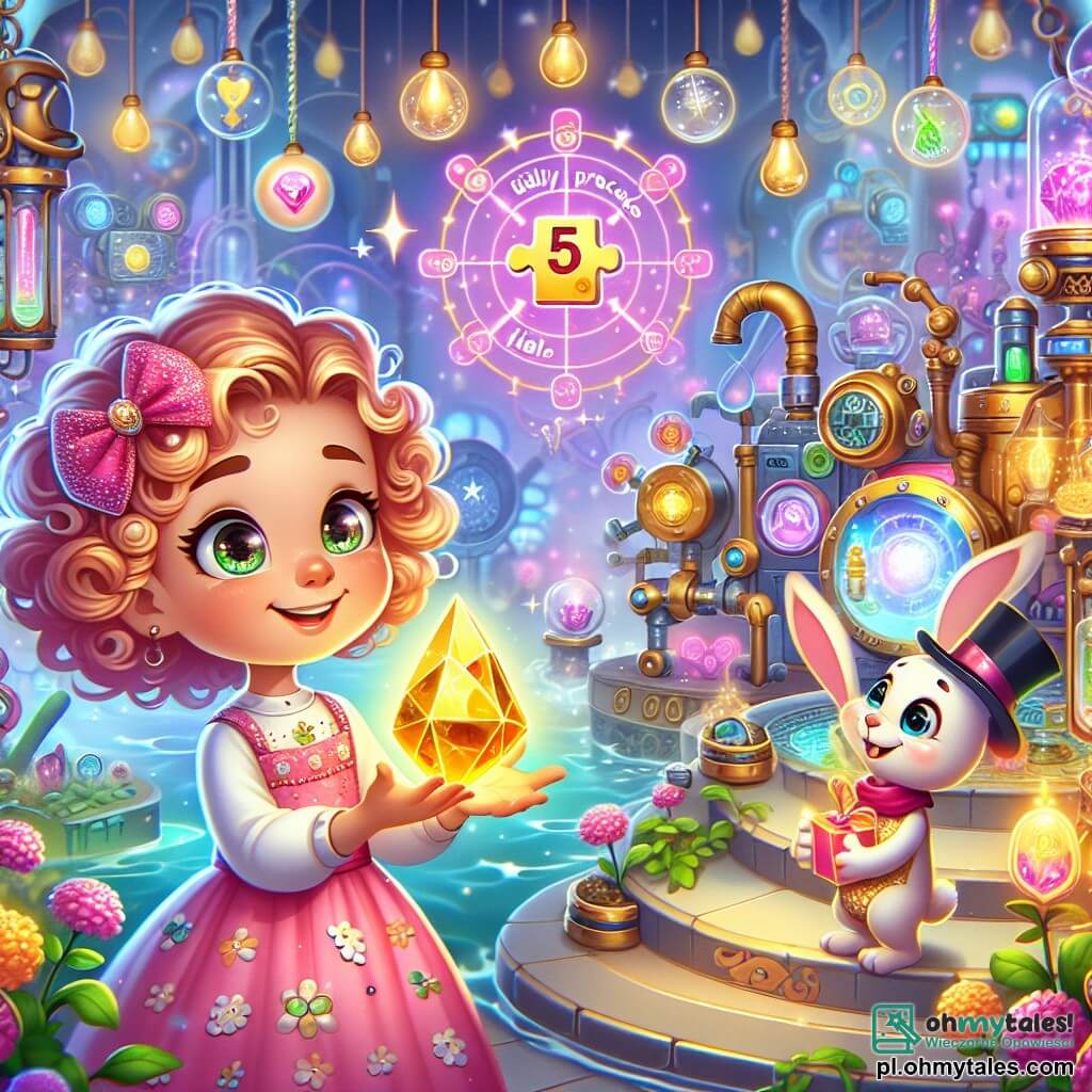 Une illustration sous forme de dessin destinée aux enfants représentant un atelier magique et technologique, rempli de machines colorées et de plantes lumineuses, où une petite fille de 5 ans aux cheveux bouclés et aux yeux pétillants, vêtue d'une robe rose avec des motifs de fleurs, tient un cristal doré brillant dans ses mains, tandis qu'un petit lapin parlant au chapeau haut de forme, aux grandes oreilles et aux yeux malicieux, l'encourage à résoudre une énigme pour trouver un précieux clé cachée, le tout baigné dans une lumière douce et enchantée, évoquant un monde de science fantasy.