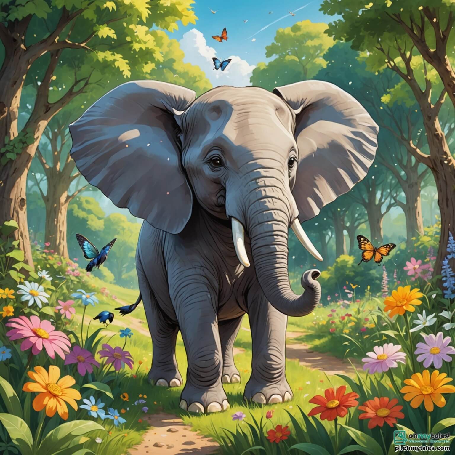 Une illustration destinée aux enfants représentant un éléphant joyeux aux grandes oreilles et à la peau grise, se tenant au milieu d'une clairière ensoleillée, entourée de fleurs colorées et de grands arbres aux feuilles vertes scintillantes, où il essaie de peindre un tableau avec ses trônes maladroits, tandis qu'un petit lapin curieux aux yeux pétillants et une gracieuse pie aux plumes chatoyantes l'observent avec amusement, tous trois plongés dans une atmosphère de rires et de créativité, où les éclaboussures de peinture colorée dansent dans l'air comme des papillons enjoués.