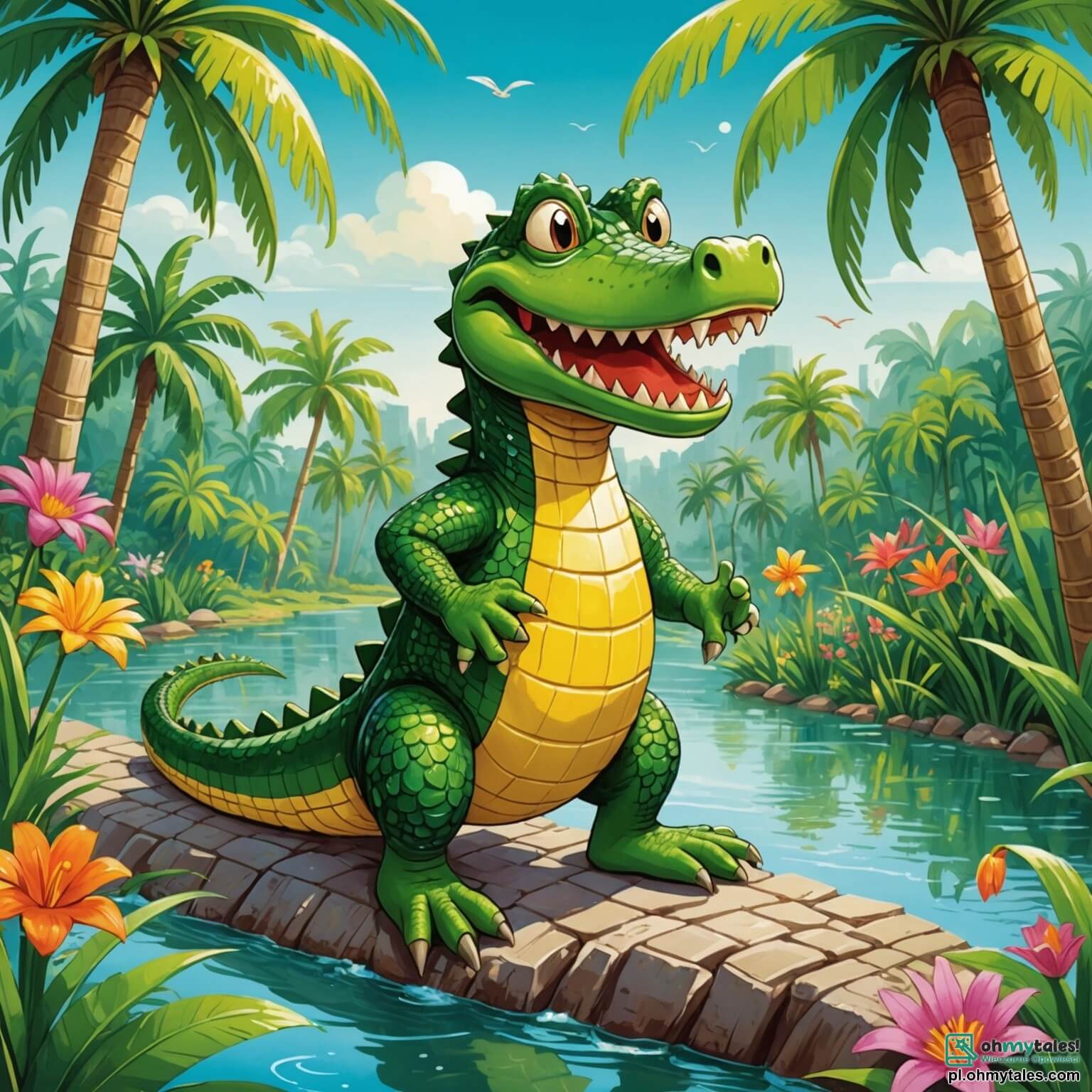 Une illustration destinée aux enfants représentant un crocodile aux écailles vertes étincelantes, rêveur et curieux, se tenant sur le bord d'une rivière scintillante, entourée de palmiers majestueux et de fleurs colorées, tandis qu'une maïzette espiègle, pleine de vie, bondit joyeusement dans les branches au-dessus de lui, tous deux plongés dans une quête d'aventures au cœur d'une jungle luxuriante et vibrante de couleurs.