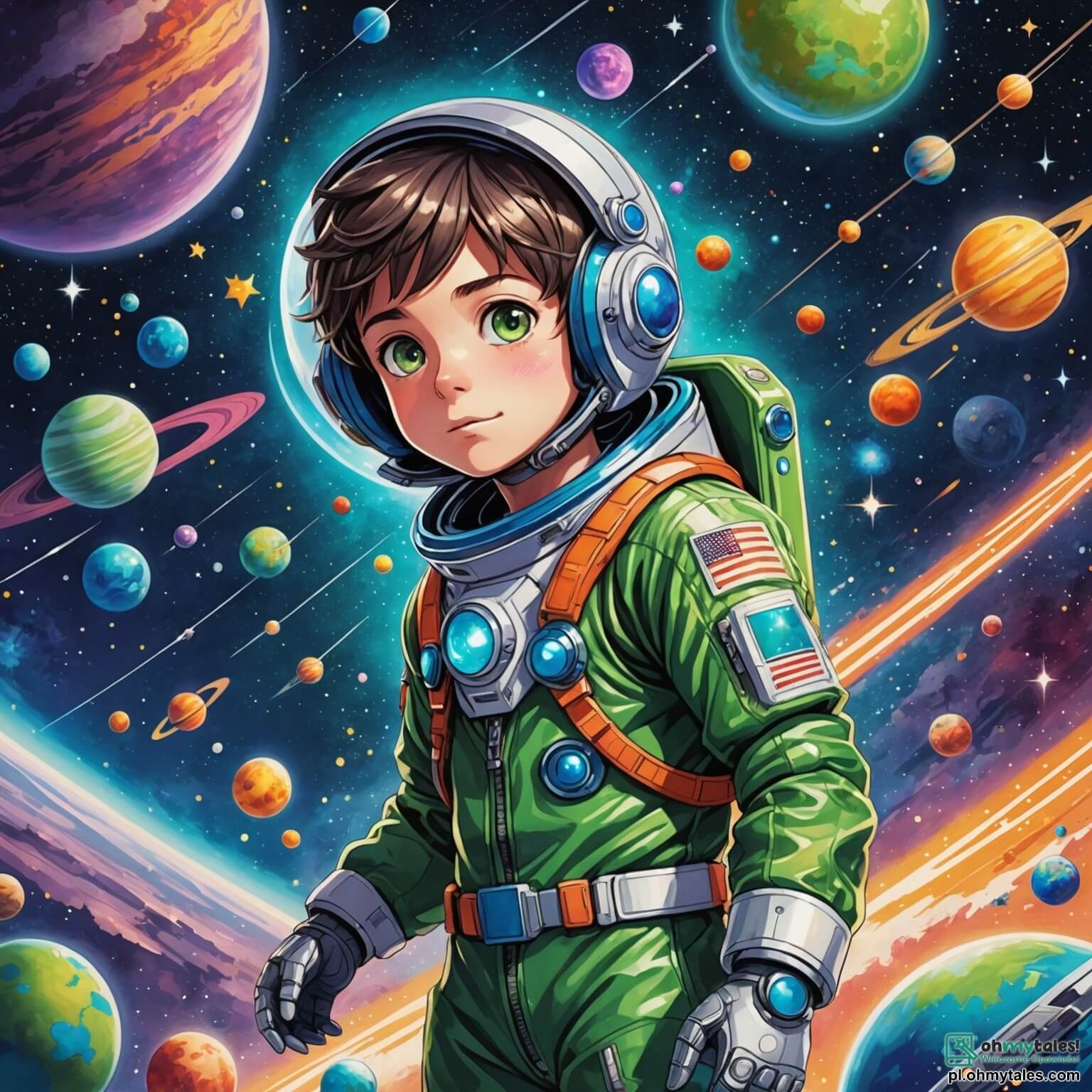 Une illustration destinée aux enfants représentant un jeune garçon aux yeux pétillants de curiosité, vêtu d'une combinaison spatiale brillante et ornée d'étoiles scintillantes, se tenant fermement aux commandes d'un vaisseau spatial flamboyant, tandis qu'il navigue à travers un ciel étoilé parsemé de planètes colorées aux formes étranges et aux couleurs vives, où se mêlent des nuages de poussière cosmique et des nébuleuses éclatantes, accompagné d'un extraterrestre vert à la peau luisante et aux grands yeux doux, qui l'aide dans sa quête pour sauver sa planète d'origine d'une terrible maladie, le tout se déroulant dans l'immensité fascinante de l'espace, où chaque étoile brille comme un rêve à portée de main.