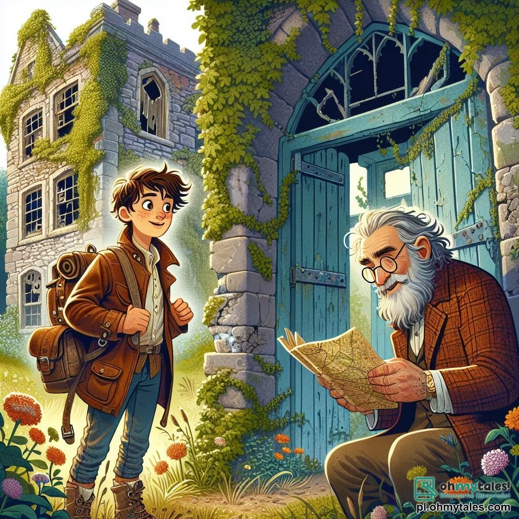 Une illustration sous forme de dessin destinée aux enfants représentant un vieux bâtiment abandonné, recouvert de lierre et de fleurs sauvages, où un jeune garçon aux cheveux bruns en bataille et aux yeux pétillants, portant une veste en cuir et un sac à dos rempli de cartes, se tient devant une porte entrouverte, tandis qu'un homme âgé à la barbe grise et aux lunettes rondes, vêtu d'une chemise à carreaux, observe attentivement une vieille carte, tous deux prêts à découvrir un trésor caché, avec une atmosphère d'aventure et de mystère flottant dans l'air.