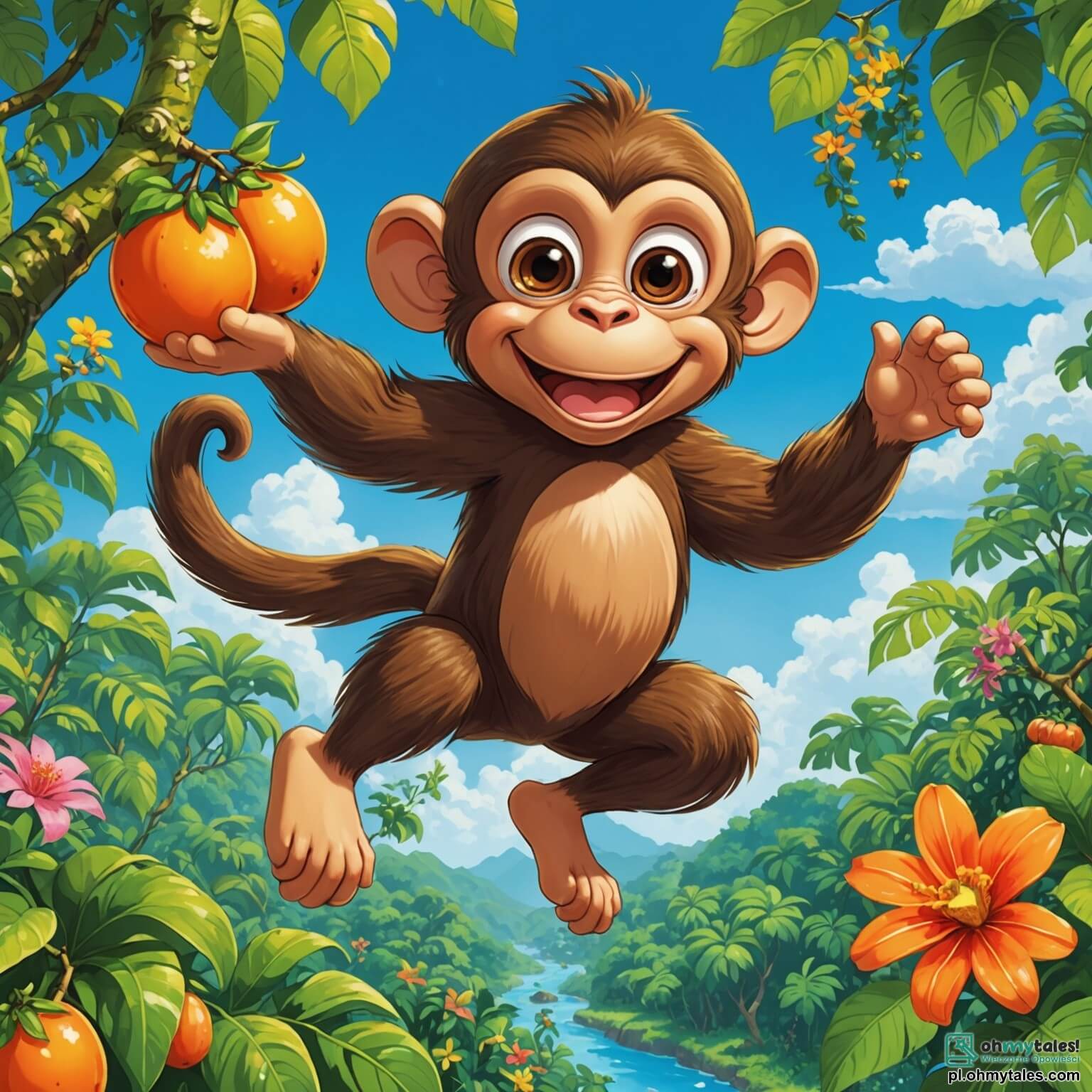 Une illustration destinée aux enfants représentant un singe espiègle au pelage brun et aux yeux pétillants, sautant de branche en branche dans une jungle luxuriante, remplie de lianes vertes et de fleurs éclatantes, tandis qu'une joyeuse papaye colorée, perchée sur une branche, observe la scène avec un sourire malicieux, le tout se déroulant sous un ciel bleu azur parsemé de nuages cotonneux.