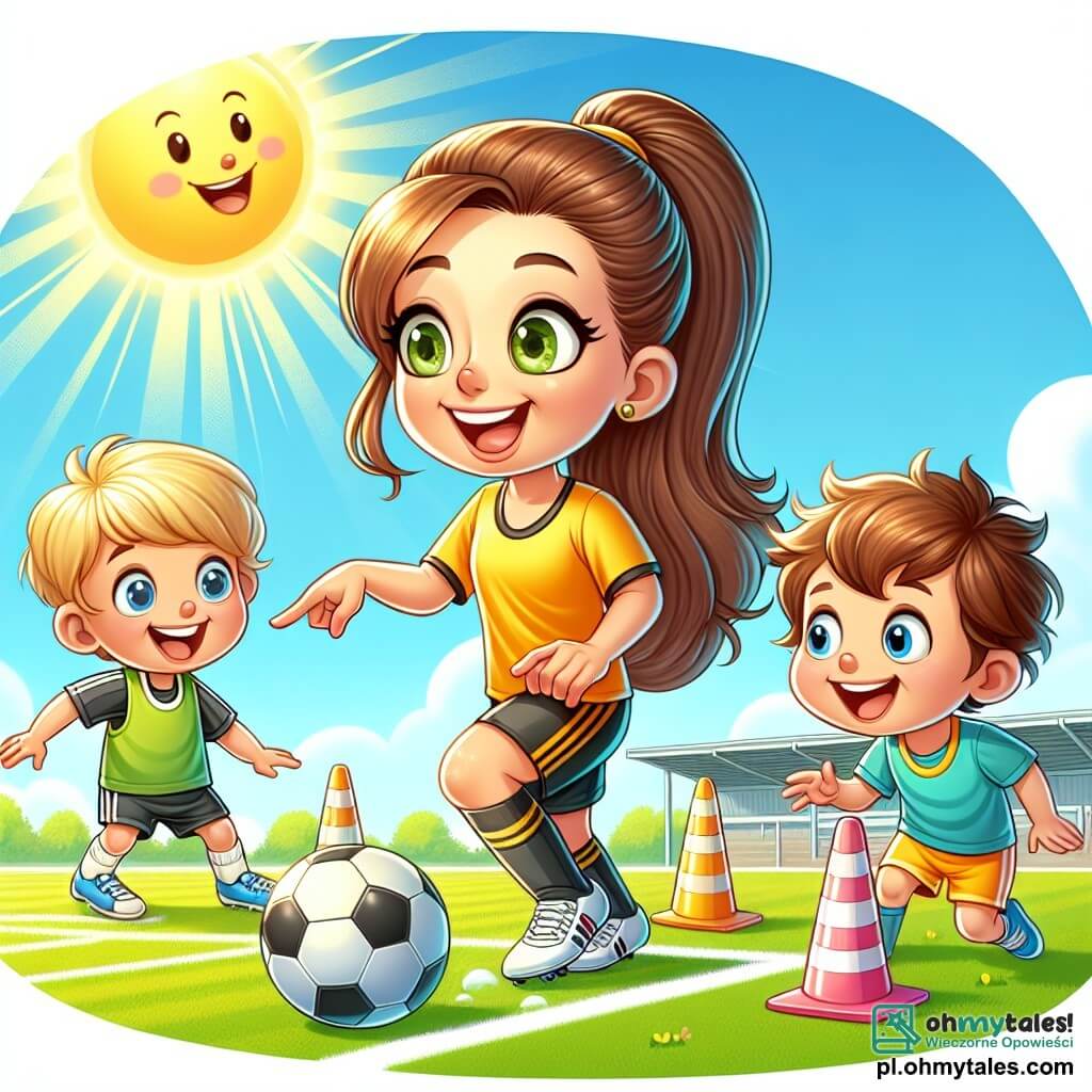 Une illustration sous forme de dessin destinée aux enfants représentant un terrain de football ensoleillé, avec une femme aux longs cheveux bruns attachés en queue de cheval, souriante et en train de montrer des techniques de dribble aux enfants, dont une petite fille aux cheveux blonds et une petite garçon aux cheveux bruns, tous deux captivés et riant pendant qu'ils essaient de reproduire ses mouvements, entourés de cônes de signalisation colorés et d'un ballon de football vibrant de couleurs vives, illustrant la joie et l'esprit d'équipe du jeu.