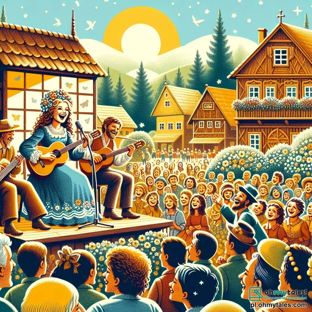 Une illustration sous forme de dessin destinée aux enfants représentant une scène ensoleillée dans un charmant village appelé Muzyczna Dolina, où une femme aux longs cheveux ondulés et au sourire éclatant chante joyeusement sur un petit podium en bois, entourée de deux garçons, l'un aux cheveux bruns et l'autre aux cheveux blonds, qui jouent de la guitare avec enthousiasme, tandis qu'un groupe d'enfants et d'adultes les écoute avec émerveillement, créant une atmosphère festive et pleine de joie musicale.
