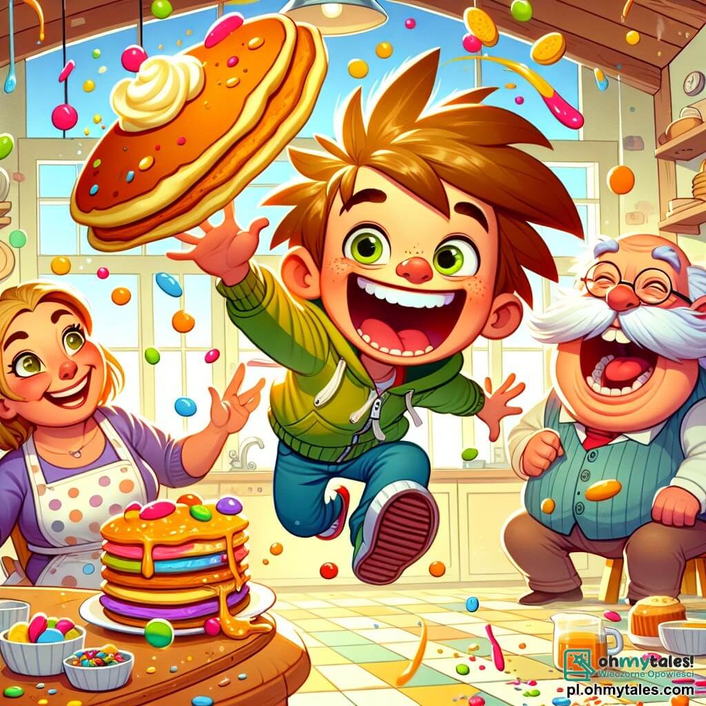 Une illustration sous forme de dessin destinée aux enfants représentant une cuisine ensoleillée et colorée, avec un garçon de 5 ans aux cheveux bruns en désordre et aux grands yeux verts, sautillant de joie tout en tenant un énorme et coloré pancake qui vole dans les airs, tandis qu'une femme souriante aux cheveux châtains, vêtue d'un tablier, tente de rattraper le pancake avec un sourire amusé, et un voisin avec de grands moustaches blanches, riant aux éclats, assis à la table, entouré de confettis de sucre et de bonbons qui tombent du ciel, illustrant une scène loufoque et joyeuse d'une aventure culinaire absurde.