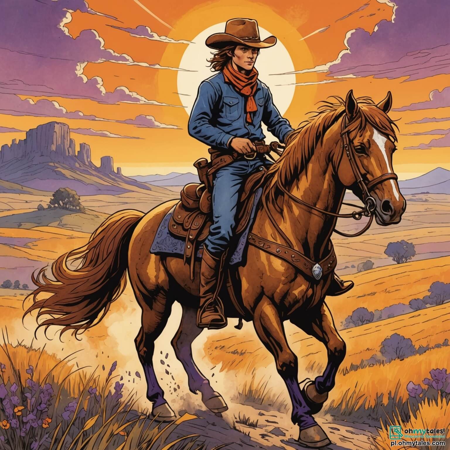 Une illustration destinée aux enfants représentant un jeune cowboy courageux aux yeux pétillants de détermination, vêtu d'un chapeau de feutre usé et de bottes en cuir patinées par le temps, chevauchant son fidèle destrier doré à la crinière flamboyante à travers les vastes prairies dorées de Dębowa Dolina, où le soleil couchant embrase le ciel de teintes orangées et violettes, tandis qu'il se prépare à affronter un groupe de bandits redoutés, entouré de ses amis loyaux, une fille intrépide aux cheveux longs et tressés, un garçon à l'esprit vif et une autre fille pleine de malice, tous unis par un même désir de protéger leur paisible miasteczko des dangers qui le menacent.