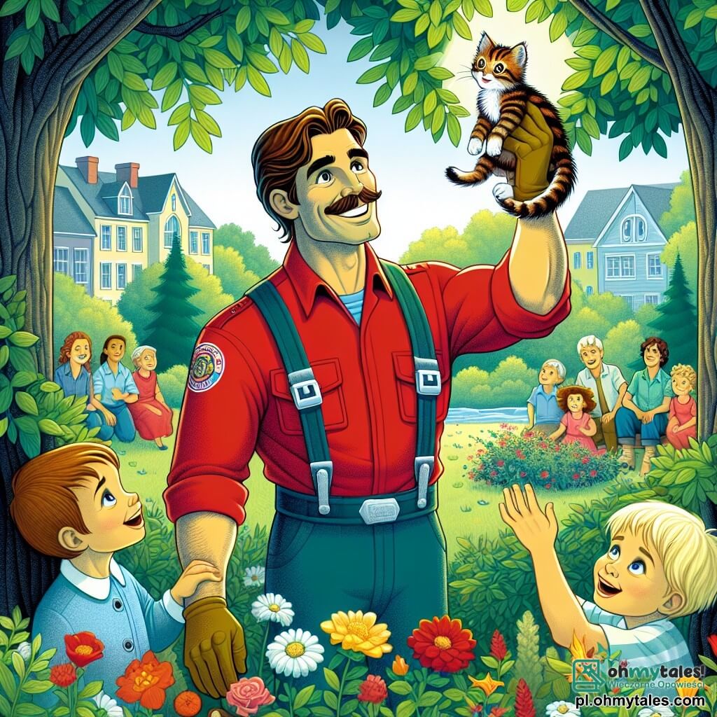 Une illustration sous forme de dessin destinée aux enfants représentant un parc verdoyant ensoleillé, avec un homme robuste aux cheveux bruns et au large sourire, vêtu d'une tenue de pompier rouge, en train de sauver un petit chaton perché sur une branche d'arbre, tandis que deux enfants, une fille aux cheveux blonds et un garçon aux cheveux châtains, regardent avec émerveillement et encouragement, entourés de fleurs colorées et d'un petit groupe de curieux admirant la scène héroïque.