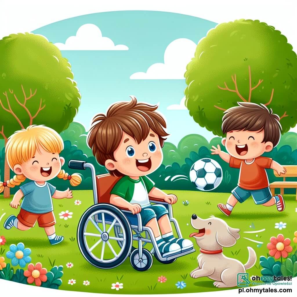 Une illustration sous forme de dessin destinée aux enfants représentant un parc ensoleillé avec des arbres verdoyants et des fleurs colorées, où un garçon de 7 ans aux cheveux bruns en bataille, souriant et assis dans un fauteuil roulant, lance joyeusement une balle à ses amis ; à ses côtés, une fille aux cheveux blonds tressés et un garçon aux cheveux châtains, tous deux riant et courant autour d'un petit chien espiègle qui s'amuse à attraper la balle, illustrant ainsi l'esprit d'amitié et de jeu malgré les défis.