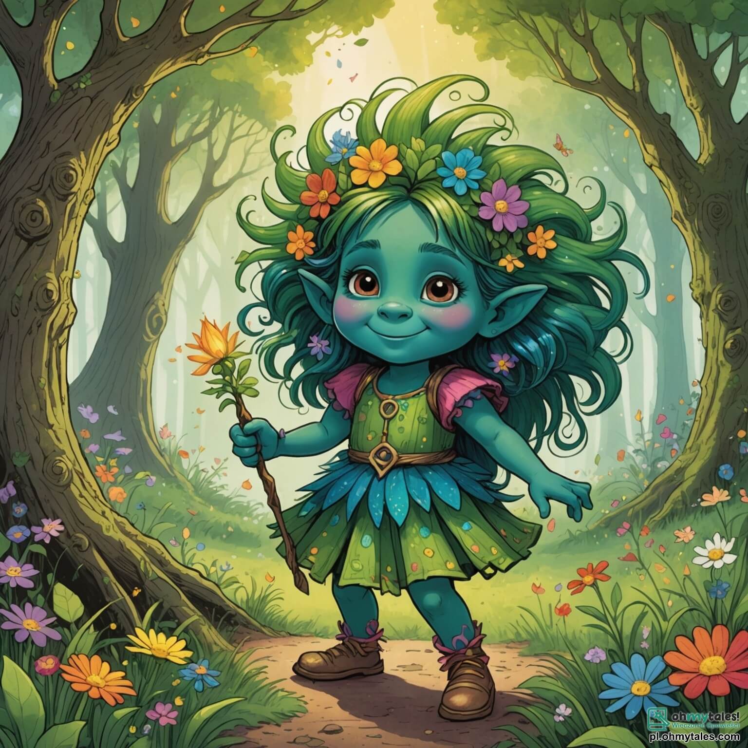 Une illustration destinée aux enfants représentant une petite troll fille aux cheveux flamboyants comme un arc-en-ciel, avec une peau verte chatoyante ornée de fleurs délicates, se tenant courageusement au bord d'une clairière enchantée, où des arbres majestueux aux troncs noueux et aux feuillages scintillants dansent au gré du vent, tandis qu'elle se prépare à partir à l'aventure pour retrouver la précieuse baguette magique de son ami, un grand troll garçon à la peau d'un vert plus sombre, qui, assis tristement sur un tronc d'arbre, regarde avec des yeux pleins d'espoir, alors que des créatures fantastiques comme des fées lumineuses et des lapins espiègles peuplent les alentours, ajoutant une touche de magie à cette quête extraordinaire.
