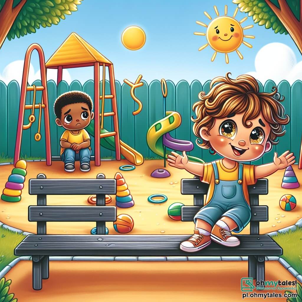 Une illustration sous forme de dessin destinée aux enfants représentant une cour de récréation ensoleillée avec des jeux colorés, où un garçon de 5 ans aux cheveux bouclés et aux yeux pétillants, souriant et tendant la main, invite un autre enfant, un garçon aux cheveux bruns et tristes assis seul sur un banc, à se joindre à un groupe de camarades joyeux jouant ensemble, illustrant ainsi l'importance de l'inclusion et de l'amitié face à l'isolement.