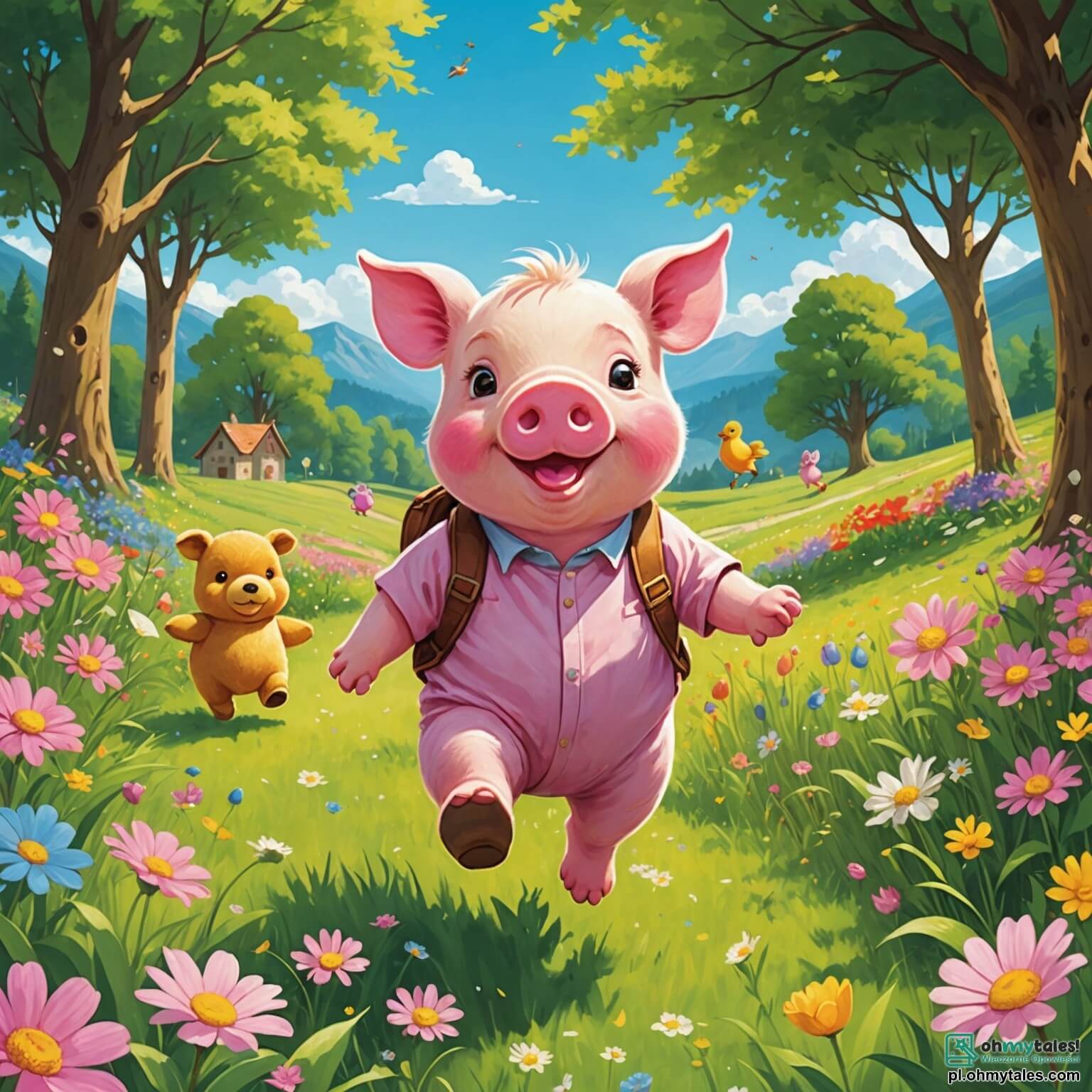 Une illustration destinée aux enfants représentant un petit cochon rose aux joues rondes et pétillantes de curiosité, trottinant joyeusement à travers une vaste prairie parsemée de fleurs colorées qui dansent au gré du vent, tandis qu'en arrière-plan se dressent de majestueux arbres aux feuilles vertes éclatantes, et où se trouvent ses fidèles amis, une mignonne petite canard aux plumes dorées et un ours en peluche au pelage brun, tous trois s'aventurant ensemble sur un chemin mystérieux menant à une forêt enchantée, pleine de secrets et de merveilles à découvrir.