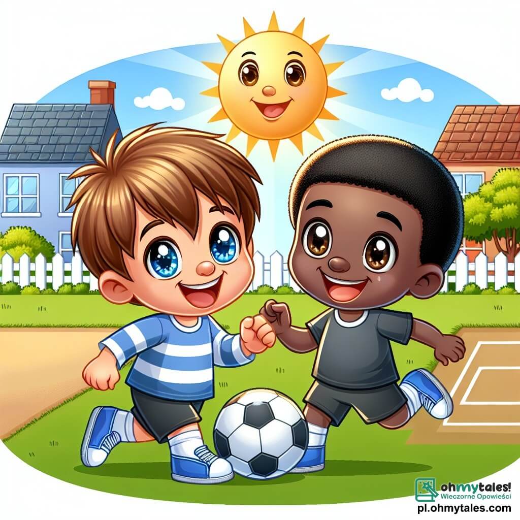 Une illustration sous forme de dessin destinée aux enfants représentant un terrain de jeu ensoleillé dans un petit miasteczko, avec un garçon de 5 ans aux cheveux bruns et aux yeux pétillants, en train de jouer au football avec un autre garçon de 6 ans, à la peau foncée et aux cheveux noirs, tous deux souriants et joyeux, tandis qu'autour d'eux, d'autres enfants de différentes origines ethniques s'amusent ensemble, illustrant la beauté de l'amitié et de la diversité culturelle.
