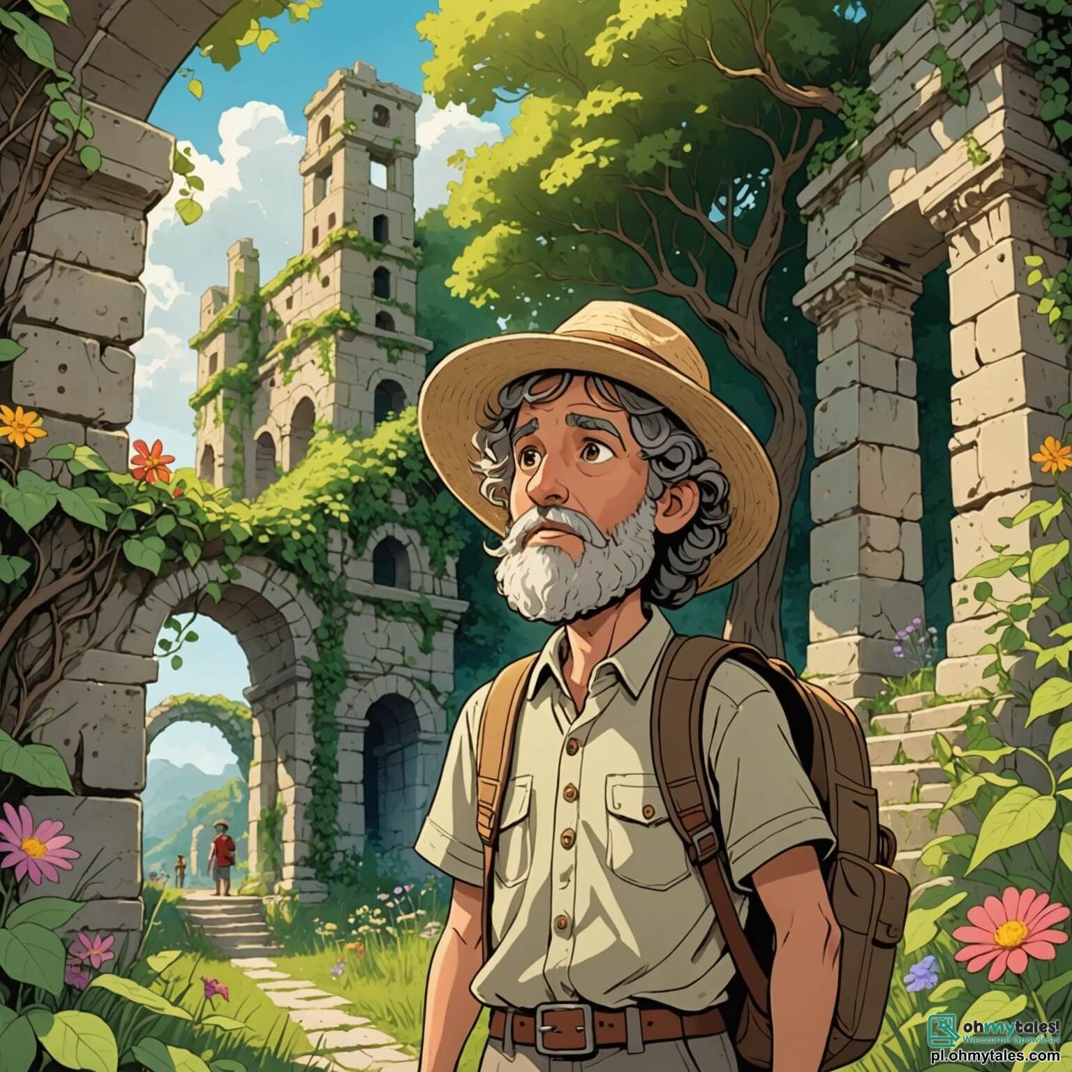 Une illustration destinée aux enfants représentant un homme à la barbe grisonnante, vêtu d'une chemise en toile beige et d'un chapeau de paille, scrutant avec émerveillement des ruines anciennes recouvertes de lianes vertes et de fleurs colorées, où des éclats de lumière filtrent à travers les branches des arbres majestueux qui entourent le site archéologique, tandis qu'une petite fille aux cheveux bouclés et aux yeux pétillants, portant un sac à dos rempli de trésors, l'observe avec admiration, impatiente de découvrir les secrets enfouis sous la terre dorée de ce lieu mystérieux, où chaque pierre semble murmurer des histoires oubliées.