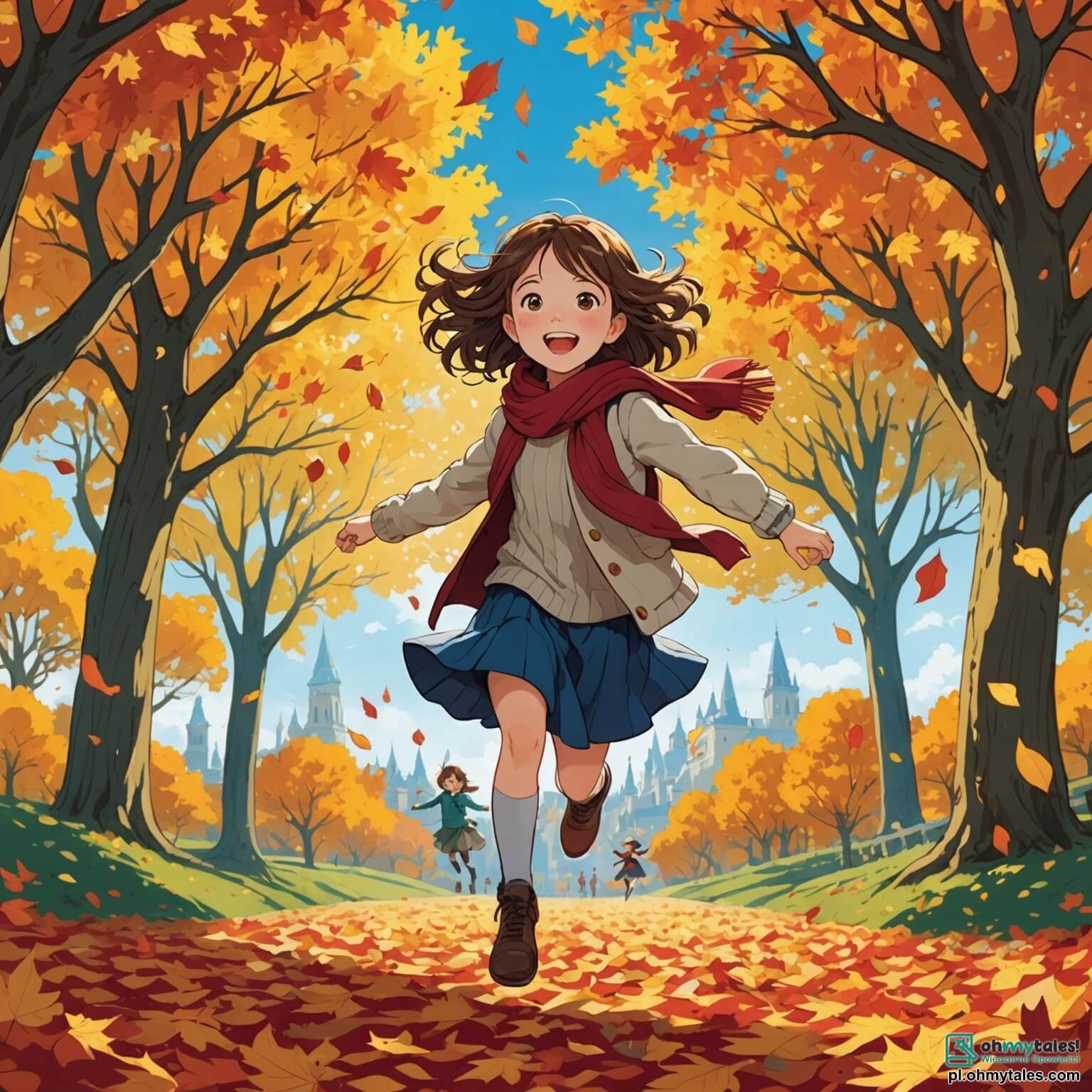 Une illustration destinée aux enfants représentant une petite fille aux cheveux bruns en bataille, sautant de joie parmi un tapis de feuilles dorées et cramoisies, au cœur d'un parc enchanteur où de majestueux chênes aux branches chargées de couleurs flamboyantes s'élèvent vers un ciel bleu azur, tandis qu'à ses côtés, une amie aux joues roses et à la douce écharpe verte l'encourage à s'amuser dans ce tableau automnal féerique.