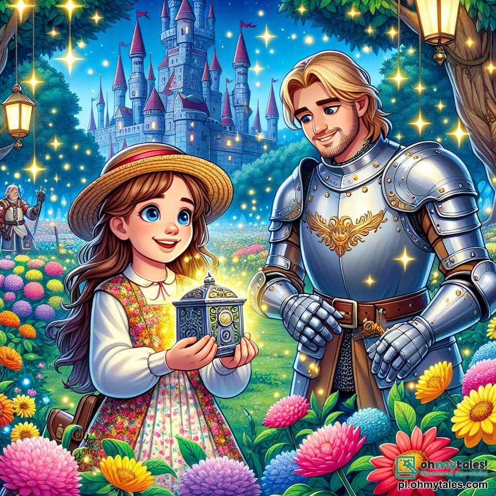 Ilustracja przedstawiająca magiczną scenę w rozległym średniowiecznym ogrodzie, wypełnionym kolorowymi kwiatami i dużymi drzewami o bujnych liściach. W centrum znajduje się mała dziewczynka w wieku 5 lat, z długimi brązowymi włosami i błyszczącymi z ciekawości oczami, trzymająca w rękach małą srebrną maszynę. Ma na sobie kwiecistą sukienkę i słomkowy kapelusz, a jej twarz wyraża zachwyt, gdy obserwuje migoczące światła wokół siebie. Obok niej stoi młody rycerz w wieku około 25 lat, ubrany w błyszczącą zbroję i ozdobną napierśnik, z uśmiechem zachęcającym. Ma blond włosy i starannie przystrzyżoną brodę, trzymając w ręku miecz, gotowy bronić dziewczynki. Główna sytuacja ukazuje dziewczynkę, która właśnie odkryła maszynę do podróży w czasie, otoczoną kolorowymi światłami tańczącymi wokół niej, podczas gdy rycerz zachęca ją do odkrywania tego fantastycznego świata. W tle majestatycznie wznosi się średniowieczny zamek, z flagami powiewającymi na wietrze, a kolorowe ptaki latają po niebieskim niebie, dodając magii tej przygodowej scenie.