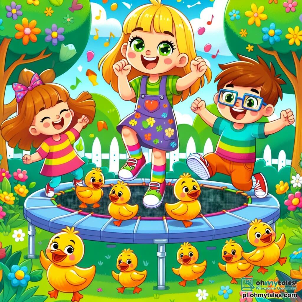 Une illustration sous forme de dessin destinée aux enfants représentant un parc ensoleillé avec des arbres verdoyants et des fleurs colorées, où une fille de 9 ans aux cheveux dorés et aux yeux verts, portant des vêtements colorés, danse joyeusement avec un groupe de kaczuszki en plastique, tandis qu'un garçon aux cheveux bruns et à lunettes, debout à ses côtés, l'encourage avec un grand sourire, alors qu'ils célèbrent leur victoire après avoir sauvé un trampoline magique des griffes de mauvaises chaussures.