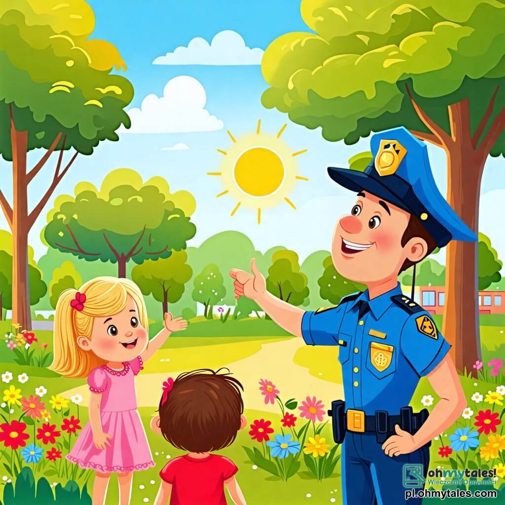 Une illustration sous forme de dessin destinée aux enfants représentant un parc ensoleillé avec des arbres verdoyants et des fleurs colorées, où un policier souriant, un homme en uniforme bleu avec un chapeau, explique aux enfants comment être en sécurité, tandis qu'une petite fille aux cheveux bruns et une robe rose l'écoute attentivement, et un garçon aux cheveux blonds, vêtu d'un t-shirt rouge, lève la main pour poser une question, créant une atmosphère joyeuse et éducative.