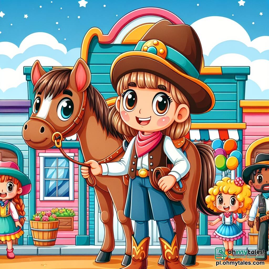 Une illustration sous forme de dessin destinée aux enfants représentant un petit saloon coloré au cœur d'un mignon miasteczko du Dzikim Zachodzie, avec une jeune femme cow-boy aux longs cheveux bruns et un large chapeau de cowboy, souriante et tenant les rênes de son cheval rapide, entourée de deux enfants : un garçon aux cheveux blonds et un sourire éclatant, et une fille aux boucles dorées, tous deux excités et prêts à participer à un grand concours de chevaux, tandis qu'une foule joyeuse de villageois les encourage avec des ballons colorés et des banderoles festives.