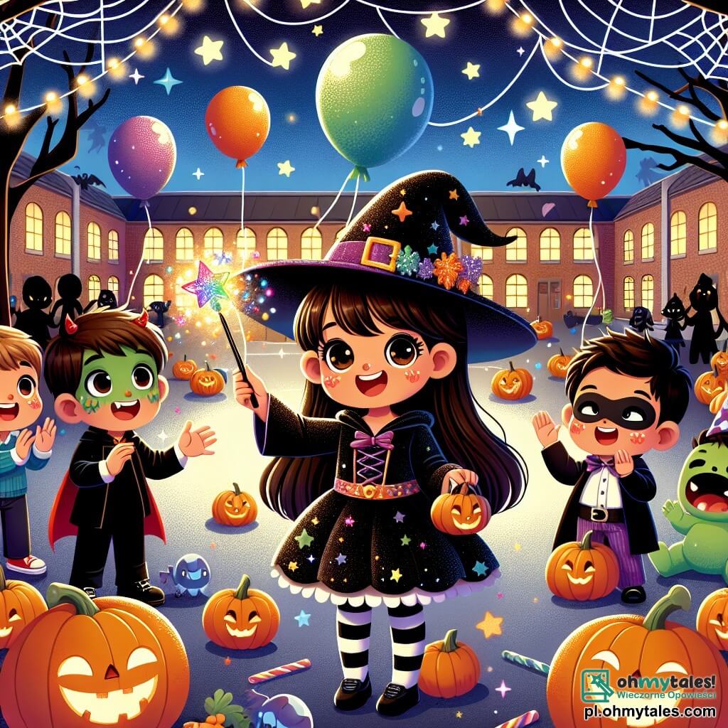 Ilustracja przedstawiająca magiczną scenę Halloween na podwórku szkolnym ozdobionym uśmiechającymi się dyniami i błyszczącymi pajęczynami. W centrum znajduje się 3-letnia dziewczynka z długimi brązowymi włosami i błyszczącymi oczami, ubrana w czarny kostium czarownicy z błyszczącym kapturem, trzymająca różdżkę, z której wydobywają się kolorowe iskry. Obok niej są dwaj chłopcy w wieku około 4 lat, jeden przebrany za wampira w czerwoną pelerynę z ostrymi zębami, a drugi za małego zielonego potwora z okrągłymi oczami i szerokim uśmiechem, którzy z zachwytem obserwują kolorowe balony unoszące się w gwiaździstym niebie. Dziewczynka z szerokim uśmiechem podnosi swoją różdżkę, gotowa rzucić czar, podczas gdy chłopcy biją brawo i śmieją się z radości. W tle cienie duchów tańczą wokół drzew, dodając odrobinę tajemniczości tej zaczarowanej nocy.