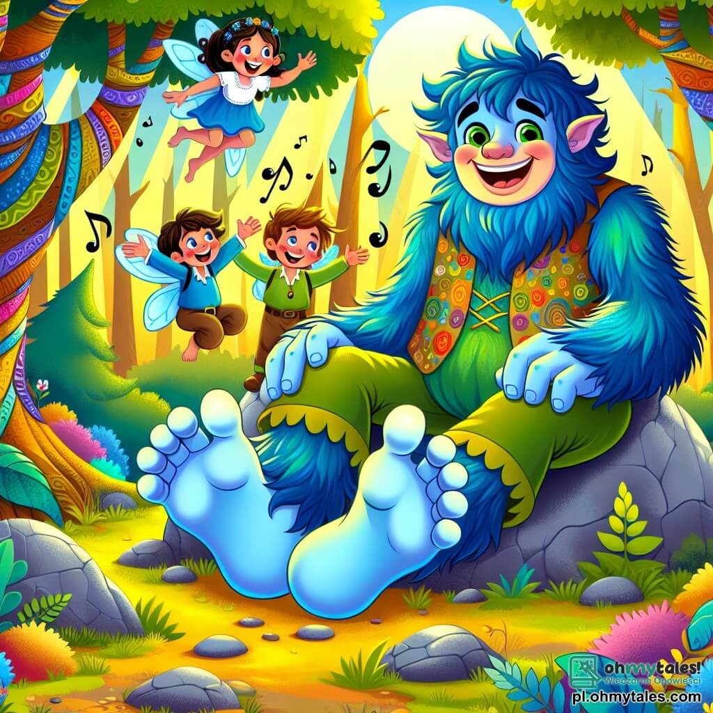 Une illustration sous forme de dessin destinée aux enfants représentant un vaste Zaczarowany Las aux arbres colorés et chantants, où un géant à la peau bleu vif et aux grands yeux verts, assis sur un énorme rocher, sourit joyeusement en tenant une grande chusta colorée, tandis qu'un garçon curieux aux cheveux bruns et une petite fille-fée aux ailes bleues volent autour de lui, tous deux riant et s'apprêtant à l'aider à retrouver sa précieuse chusta perdue, le tout baigné dans une lumière dorée et joyeuse, évoquant l'amitié et l'aventure.