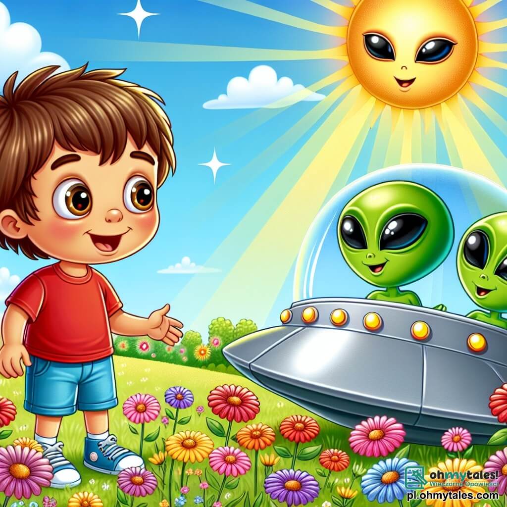 Une illustration sous forme de dessin destinée aux enfants représentant un jardin ensoleillé rempli de fleurs colorées, où un garçon de 7 ans aux cheveux bruns et aux yeux pétillants, vêtu d'un t-shirt rouge et d'un short bleu, observe avec émerveillement un petit vaisseau spatial argenté qui vient de se poser, tandis que deux extraterrestres verts, aux grands yeux brillants et aux sourires amicaux, sortent du vaisseau pour saluer le garçon, créant une atmosphère de curiosité et d'amitié intergalactique.