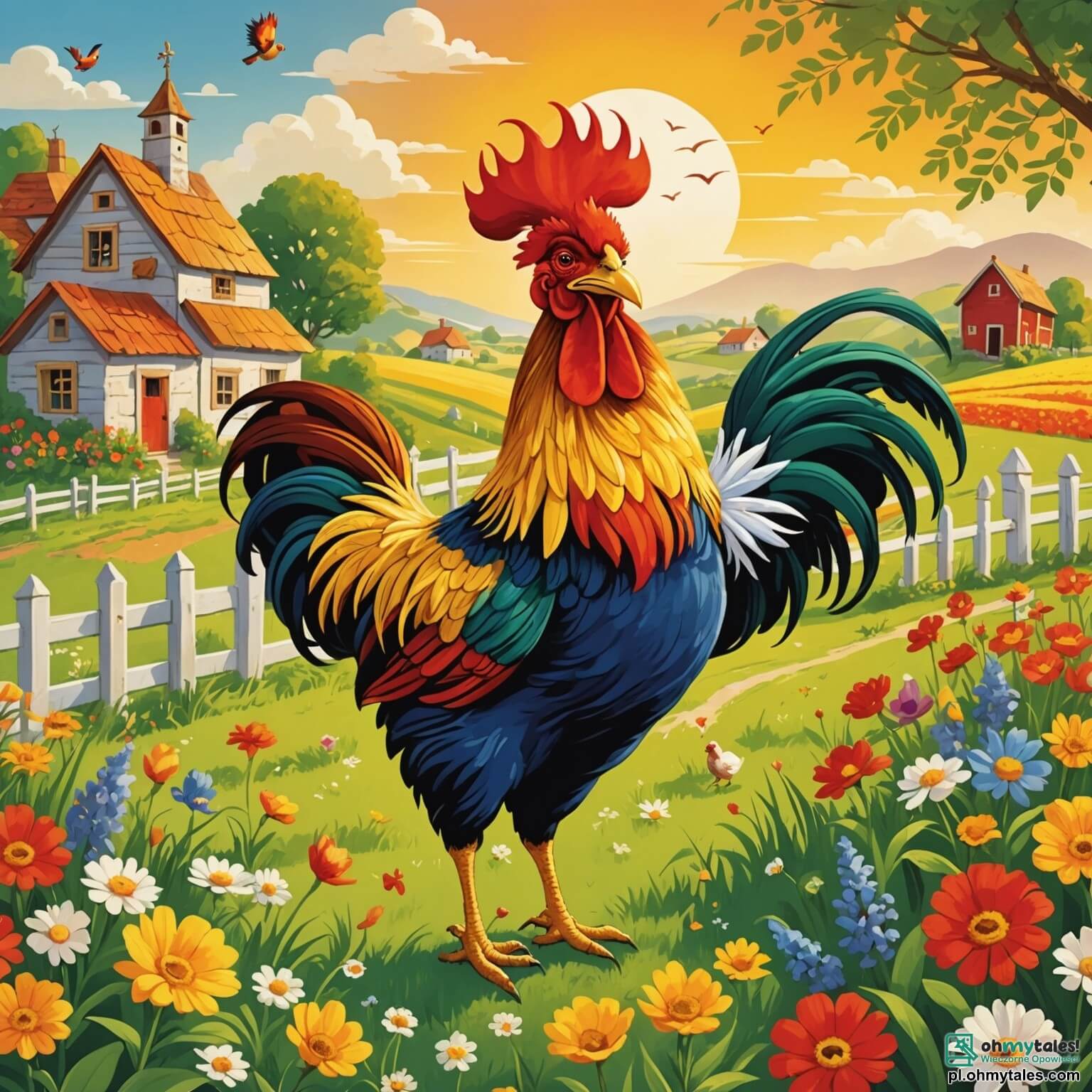 Une illustration destinée aux enfants représentant un coq flamboyant aux plumes dorées et rouges, chantant joyeusement au lever du soleil sur une ferme pittoresque, entourée de champs verdoyants parsemés de fleurs colorées, tandis qu'un petit canard espiègle, plein de curiosité, l'observe avec des yeux pétillants de malice, prêt à l'accompagner dans une aventure pleine de rires et de surprises.