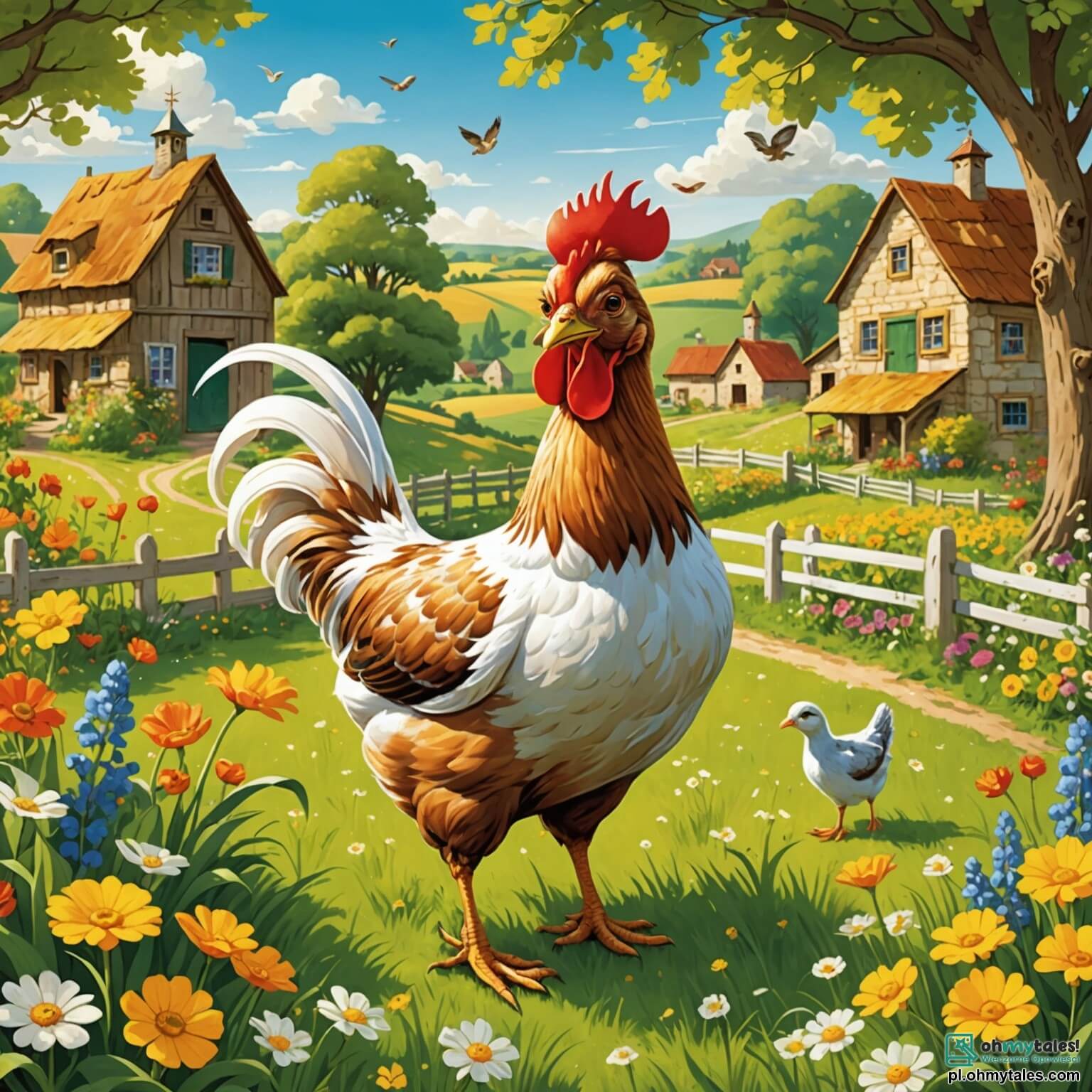 Une illustration destinée aux enfants représentant une poule au plumage doré et brillant, avec des yeux pétillants de curiosité, se tenant fièrement au milieu d'une charmante et pittoresque petite ferme, entourée de champs verdoyants parsemés de fleurs colorées, où les rayons du soleil dansent sur les feuilles des arbres, tandis qu'elle s'active à rassembler ses amis, un joyeux lapin aux grandes oreilles et une canne gracieuse, pour sauver le vieux moulin en bois qui grince doucement au bord d'un ruisseau scintillant, où l'eau murmure des secrets de la nature et où le vent porte les rires des animaux en quête d'aventure.