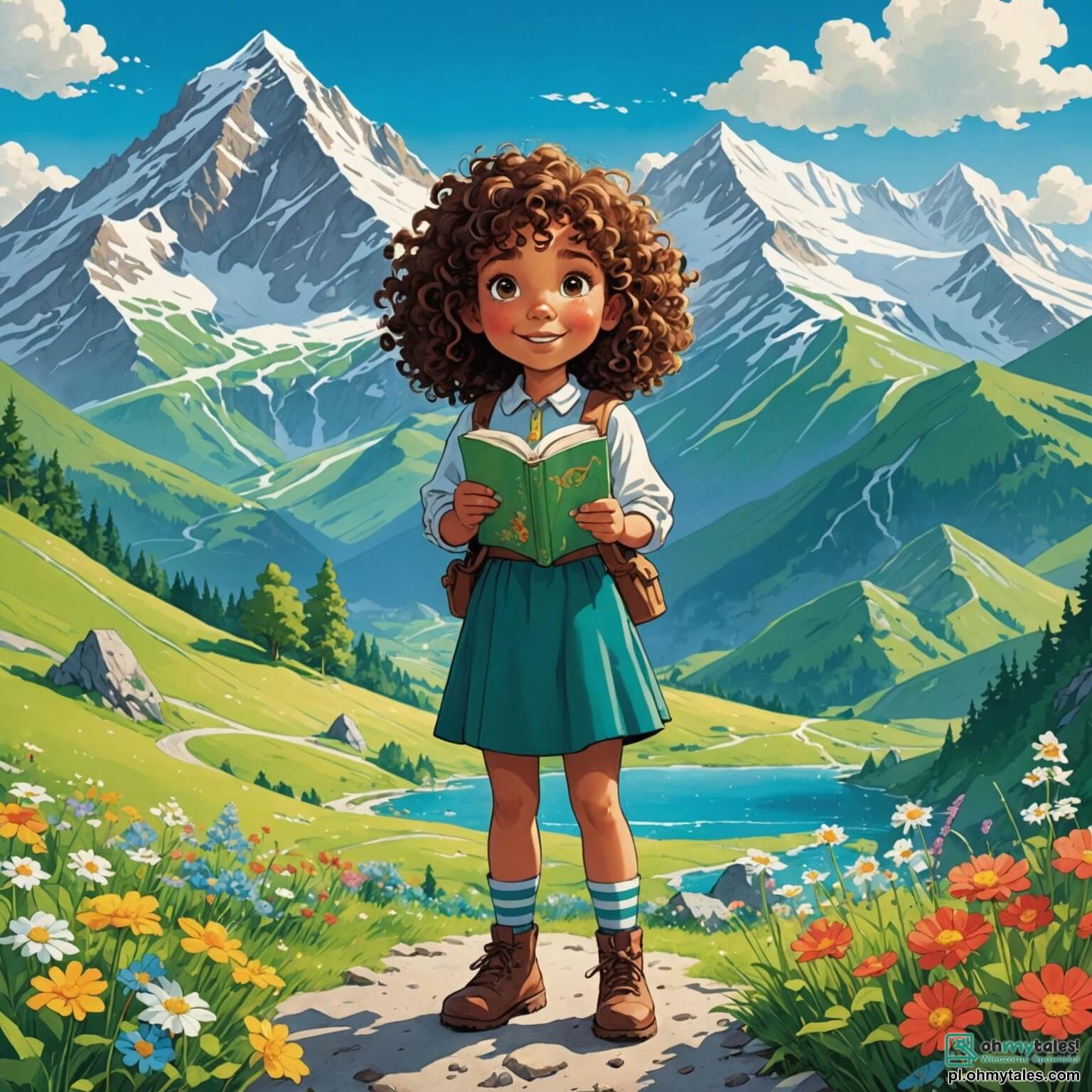 Une illustration destinée aux enfants représentant une petite fille aux cheveux bouclés et aux yeux pétillants, se tenant devant une montagne gigantesque aux sommets enneigés, défiant le vent qui souffle fort, tandis qu'à ses côtés, un petit garçon au sourire malicieux tient une carte au trésor, le tout se déroulant dans une vallée verdoyante parsemée de fleurs colorées et de ruisseaux scintillants sous un ciel bleu éclatant.