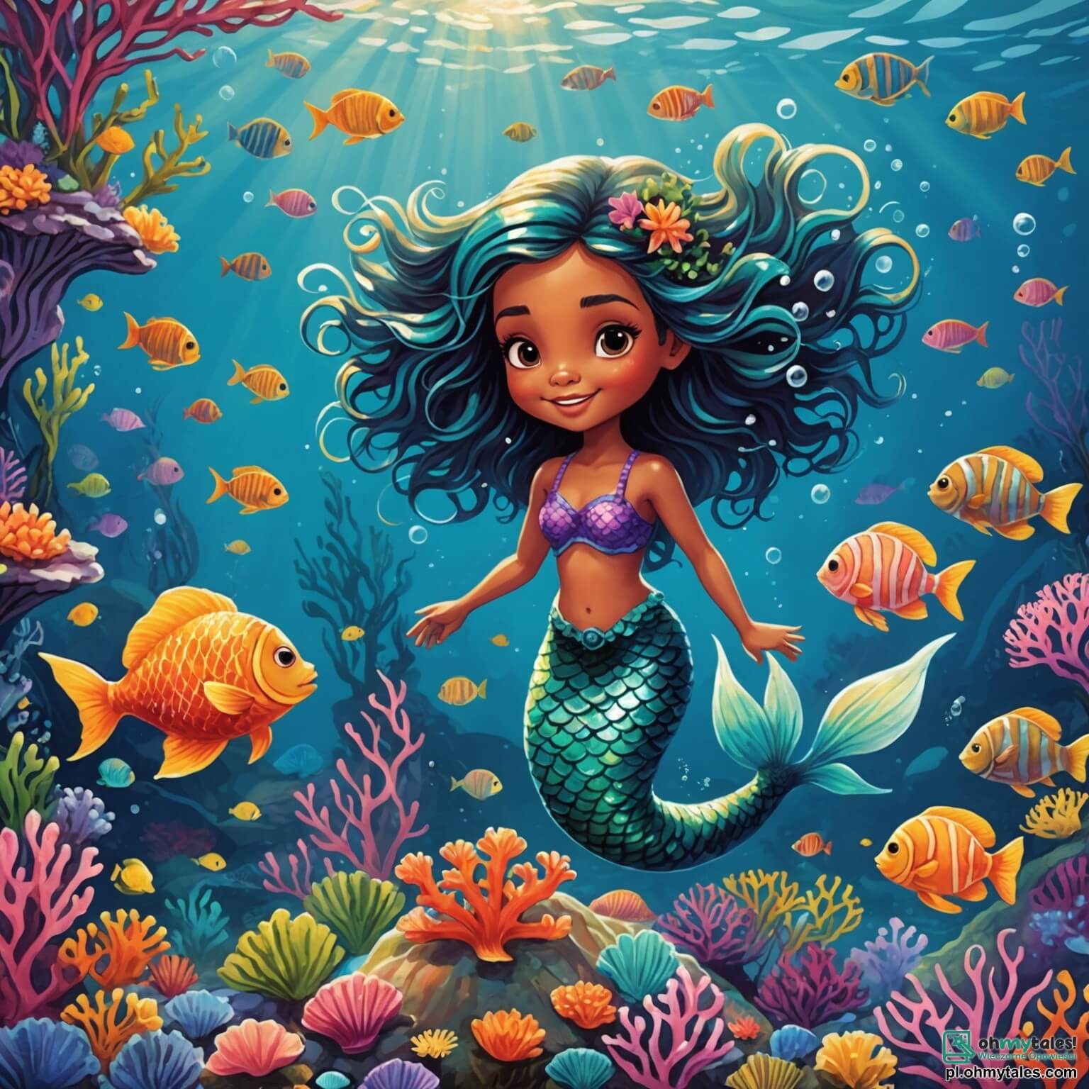 Une illustration destinée aux enfants représentant une sirène aux cheveux flamboyants comme des algues dansantes, nageant joyeusement dans un océan scintillant de mille reflets, entourée de poissons colorés et de coraux en forme de fleurs, tandis qu'un petit crabe espiègle, avec une carapace rayée et des yeux pétillants de malice, l'observe en grignotant une coquille, le tout se déroulant dans un royaume sous-marin vibrant de couleurs et de rires.