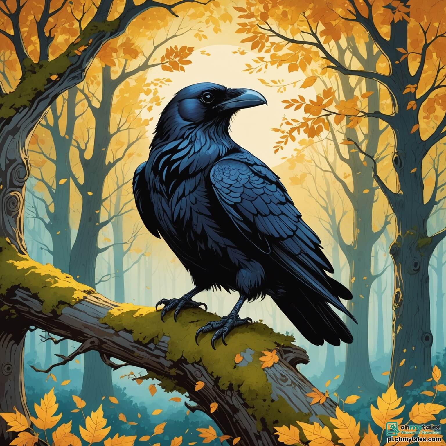 Une illustration destinée aux enfants représentant un majestueux corbeau aux plumes d'un noir éclatant, perché sur une branche d'un chêne séculaire aux feuilles dorées, dans un forêt enchantée où les rayons du soleil filtrent à travers le feuillage, illuminant le sol tapissé de fleurs colorées et de mousses douces, tandis qu'il rêve de s'envoler vers le ciel azur pour atteindre le soleil, accompagné de sa sage amie la chouette aux grands yeux ronds, qui veille sur lui avec bienveillance, alors qu'un léger vent murmure des secrets à travers les arbres, créant une atmosphère magique et pleine d'aventures à chaque battement d'ailes.