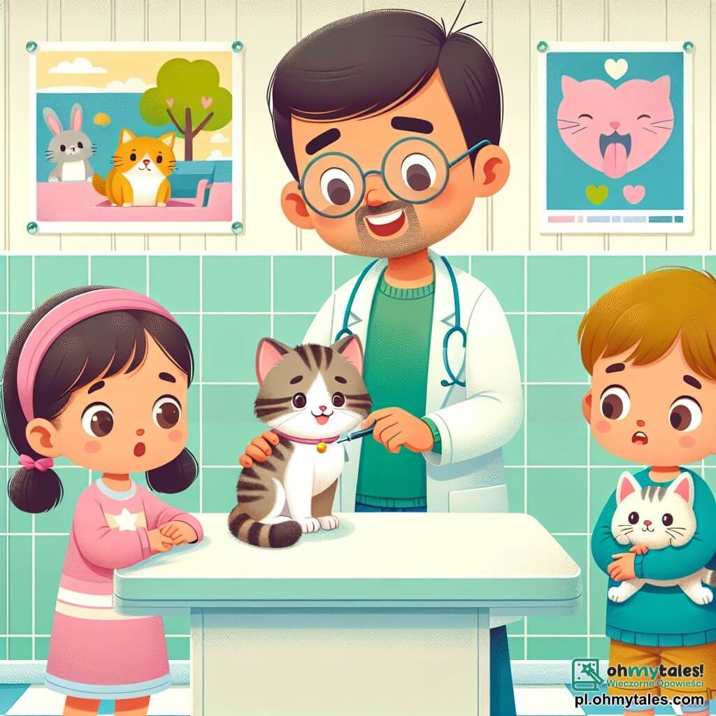 Une illustration sous forme de dessin destinée aux enfants représentant un cabinet vétérinaire lumineux et accueillant, avec des murs peints en vert pastel et des affiches colorées d'animaux, où un homme au sourire chaleureux, portant une blouse blanche et des lunettes, examine attentivement un petit chat tigré sur une table d'examen, tandis que deux enfants, une fille aux cheveux bruns et une casquette rose, et un garçon aux cheveux blonds et un t-shirt bleu, regardent avec curiosité et inquiétude, tenant chacun un jouet en peluche, alors que le chat semble un peu nerveux mais curieux, créant une atmosphère de soin et d'amitié.