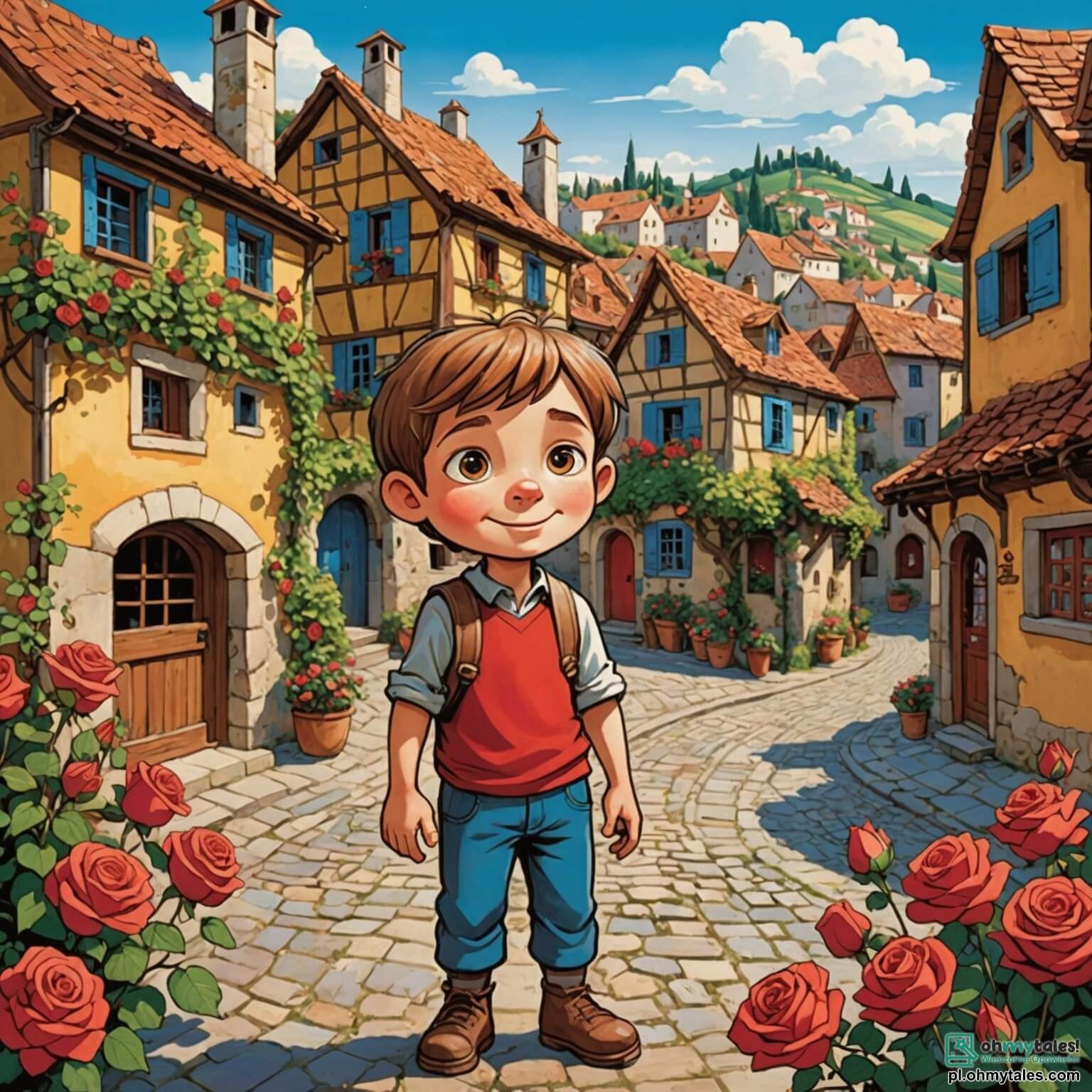 Une illustration destinée aux enfants représentant un jeune garçon en bois aux yeux pétillants de curiosité et de malice, dont le cœur, bien que fait de chêne, bat d'une vive émotion, se tenant au milieu d'un village pittoresque aux maisons colorées aux toits en tuiles rouges, où les ruelles pavées serpentent entre des jardins fleuris de roses éclatantes et de jasmins parfumés, tandis qu'il rêve de devenir un vrai enfant, entouré de son bienveillant père adoptif, un vieux menuisier à la barbe blanche comme la neige, et de sa meilleure amie, une courageuse petite fille aux cheveux dorés, qui, ensemble, affrontent les défis d'un monde où la magie et l'amitié s'entrelacent pour vaincre les ombres d'un mystérieux sorcier malveillant.