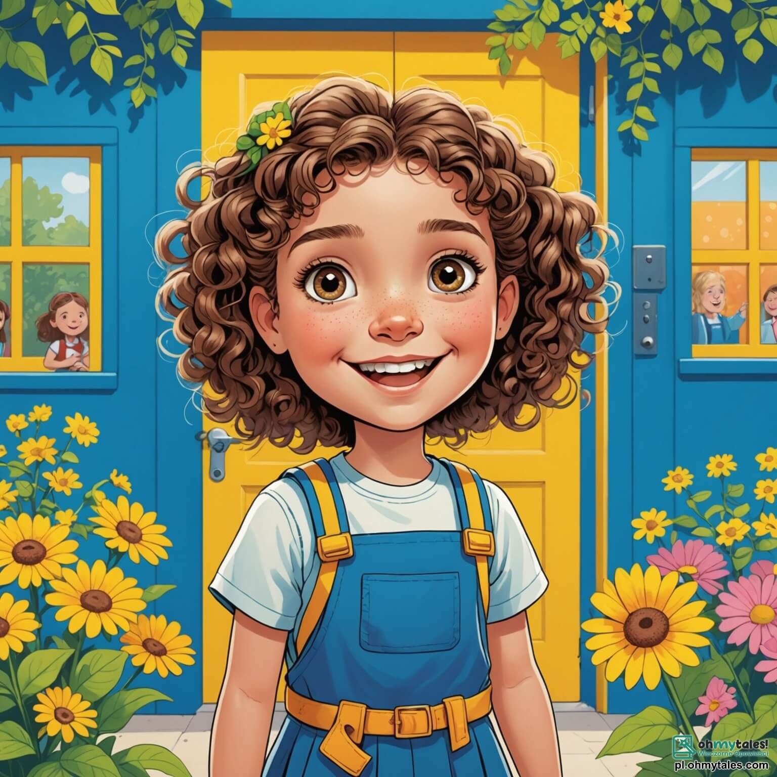 Une illustration destinée aux enfants représentant une petite fille aux cheveux châtains et bouclés, les yeux pétillants d'excitation et d'appréhension, se tenant devant une école colorée aux murs jaunes et bleus, entourée de fleurs multicolores et de grands arbres feuillus, prête à découvrir sa nouvelle classe, tandis qu'à ses côtés, une amie aux cheveux blonds et tressés, souriante et pleine d'énergie, l'encourage à faire face à cette nouvelle aventure.