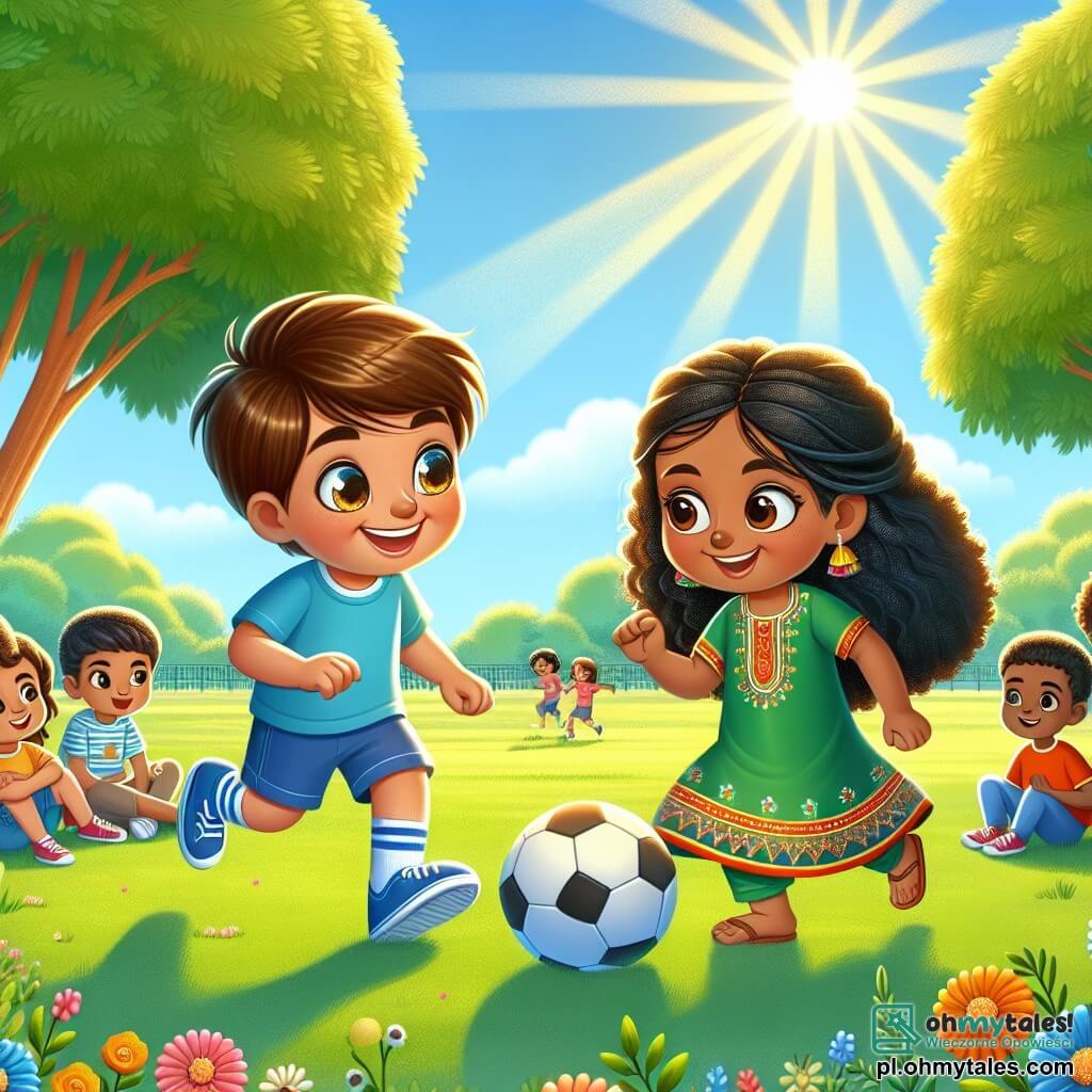 Une illustration sous forme de dessin destinée aux enfants représentant un parc ensoleillé avec des arbres verdoyants et des fleurs colorées, où un garçon de 11 ans aux cheveux bruns et aux yeux pétillants, vêtu d'un t-shirt bleu et d'un short, joue au football avec une fille marocaine aux cheveux noirs et bouclés, portant une robe colorée, tandis qu'un groupe d'enfants d'origines diverses les observe avec curiosité et enthousiasme, illustrant ainsi l'amitié et la célébration de la diversité culturelle à travers le jeu.