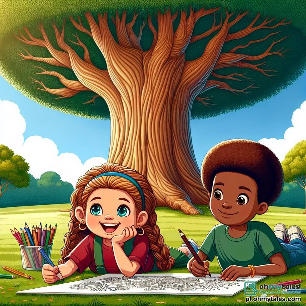 Une illustration sous forme de dessin destinée aux enfants représentant un parc verdoyant, baigné de lumière dorée, avec un grand chêne au centre, où une fille de 11 ans aux longs cheveux bruns tressés et aux yeux pétillants, assise sur l'herbe, dessine avec enthousiasme sur un grand morceau de papier, tandis qu'à côté d'elle, un garçon aux cheveux courts et frisés, d'origine afro-américaine, observe avec admiration ses dessins, illustrant ainsi leur amitié naissante et leur passion commune pour l'art, symbolisant la tolérance et l'acceptation des différences.