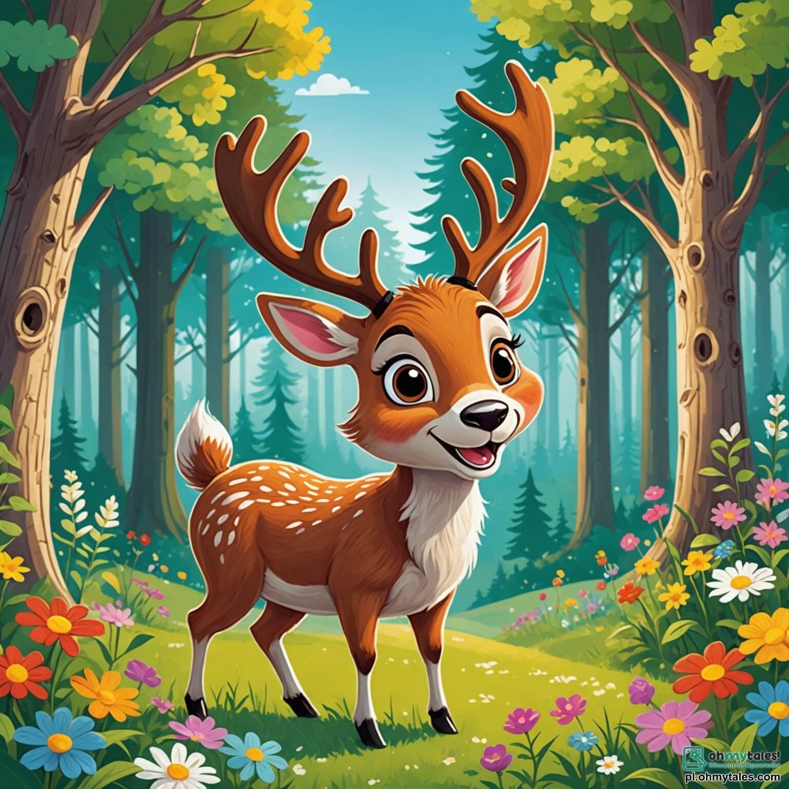 Une illustration destinée aux enfants représentant un renne espiègle aux grands yeux pétillants, sautillant joyeusement dans une clairière ensoleillée, entourée de fleurs colorées et de grands arbres aux feuilles vertes scintillantes, tandis qu'un petit lapin curieux, avec des oreilles dressées et un pelage doux comme du coton, l'observe avec émerveillement, alors qu'ils préparent ensemble un spectacle amusant pour leurs amis de la forêt.