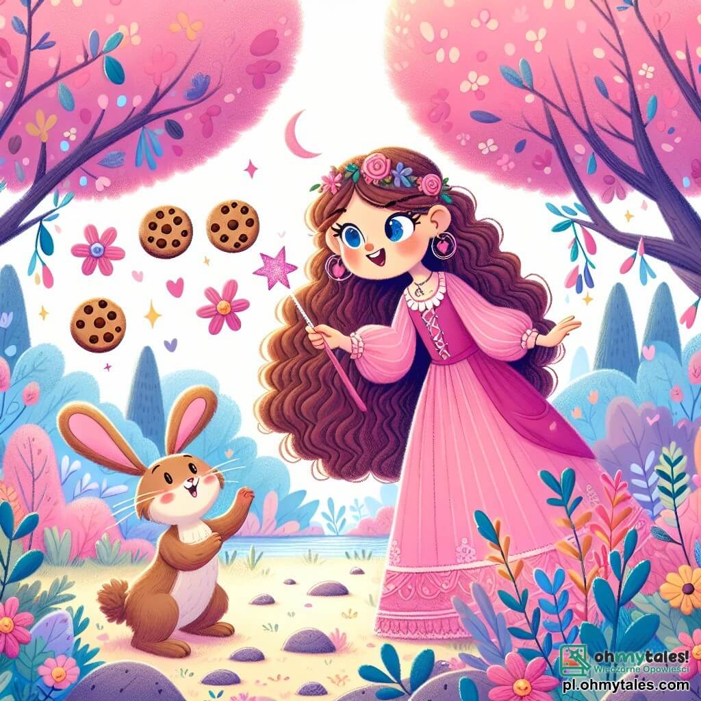 Une illustration sous forme de dessin destinée aux enfants représentant un jardin magique aux arbres aux feuilles roses et aux fleurs éclatantes, où une apprentie sorcière aux longs cheveux bouclés et à la robe rose, tenant une petite baguette scintillante, s'amuse à faire léviter des biscuits en chocolat, tandis qu'un joyeux petit lapin aux grandes oreilles et aux yeux pétillants observe avec émerveillement, le tout baigné dans une lumière douce et colorée, illustrant un moment de magie et de joie.