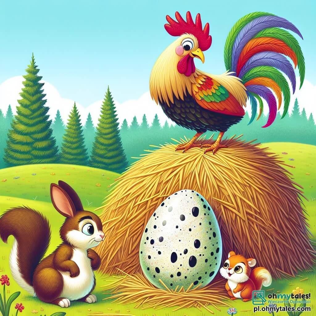 Une illustration sous forme de dessin destinée aux enfants représentant une charmante polonaise verdoyante, où un coq aux plumes éclatantes de couleurs vives, se tenant fièrement sur un petit tas de foin, regarde avec curiosité un grand œuf tacheté brillant posé sur l'herbe, tandis qu'un petit lapin aux grandes oreilles et une malicieuse écureuil aux yeux pétillants s'approchent, intrigués par la découverte, créant une atmosphère de mystère et d'amitié dans ce cadre ensoleillé.