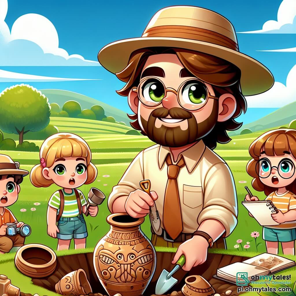 Une illustration sous forme de dessin destinée aux enfants représentant un paysage verdoyant d'une vallée ensoleillée, avec un homme aux cheveux bruns et à la barbe soignée, vêtu d'une chemise beige et d'un chapeau de paille, en train de fouiller le sol avec une petite pelle, entouré de trois enfants : une fille aux cheveux blonds et aux yeux pétillants, tenant un pistolet à peinture, un garçon aux cheveux châtains et aux lunettes, examinant un vieux taler en terre cuite, et une autre fille aux cheveux bouclés, tenant un carnet et prenant des notes, tous émerveillés par la découverte de mystérieux objets archéologiques, dont de grands zygomatiques de dragon, symboles d'une ancienne légende.