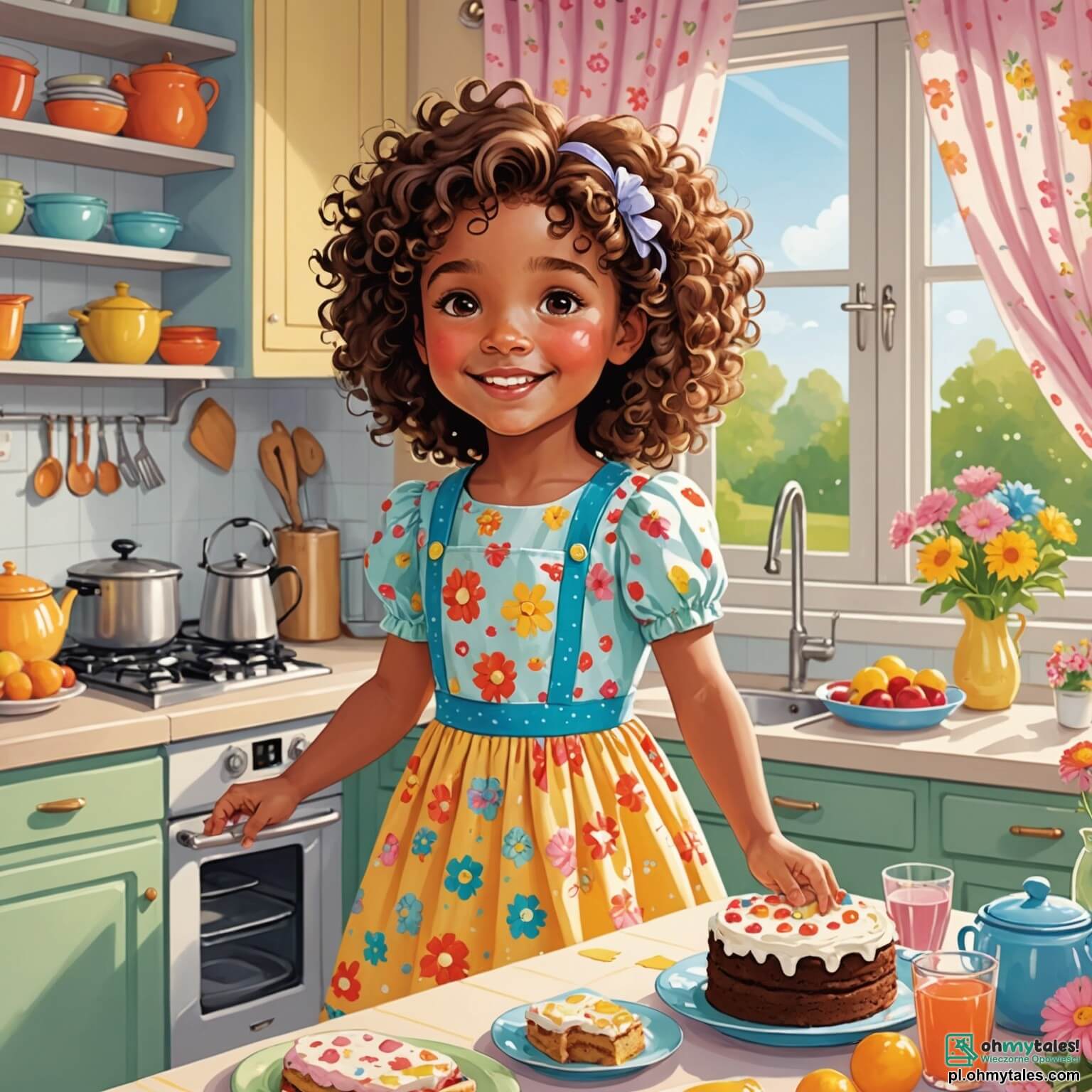 Une illustration destinée aux enfants représentant une petite fille pétillante aux cheveux bouclés, vêtue d'une robe colorée ornée de fleurs éclatantes, qui, dans la cuisine ensoleillée de sa maison aux murs pastel et aux fenêtres décorées de rideaux légers flottant doucement dans la brise, s'affaire joyeusement à préparer un délicieux gâteau pour célébrer la fête des mères, tandis que sa maman, une femme douce au sourire chaleureux, l'observe avec tendresse, entourées d'un joyeux désordre de farine et de sucre, créant ensemble des souvenirs inoubliables.