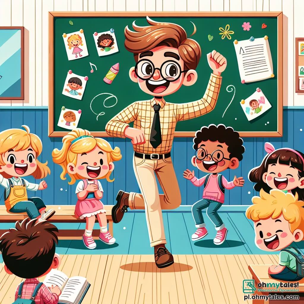 Une illustration sous forme de dessin destinée aux enfants représentant une salle de classe colorée et ensoleillée, avec des murs décorés de dessins d'enfants et un tableau noir, où un homme joyeux aux cheveux bruns et aux lunettes, vêtu d'une chemise à carreaux et d'un pantalon beige, danse en souriant tout en expliquant une leçon, entouré de plusieurs enfants : une fille aux cheveux blonds et bouclés levant la main avec enthousiasme, un garçon aux cheveux noirs et courts riant aux éclats, et une autre fille aux lunettes, concentrée sur un livre, tous captivés par l'énergie et la bonne humeur de leur enseignant, illustrant ainsi un moment d'apprentissage ludique et joyeux.