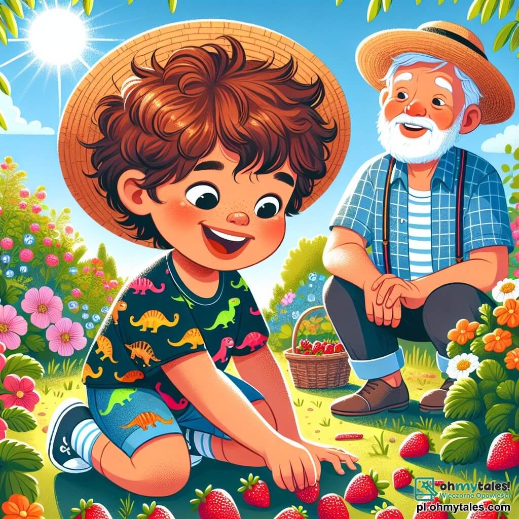 Une illustration sous forme de dessin destinée aux enfants représentant un jardin ensoleillé et coloré, où un garçon de 7 ans aux cheveux bruns et bouclés, portant un t-shirt à motifs de dinosaures et des shorts, s'agenouille joyeusement pour cueillir des truskawki (fraises) juteuses, tandis qu'un vieux monsieur souriant avec une barbe blanche et un chapeau de paille, son grand-père, l'observe avec fierté, entourés de fleurs éclatantes et d'arbres verdoyants, capturant l'esprit des vacances d'été et la joie de passer du temps en famille.