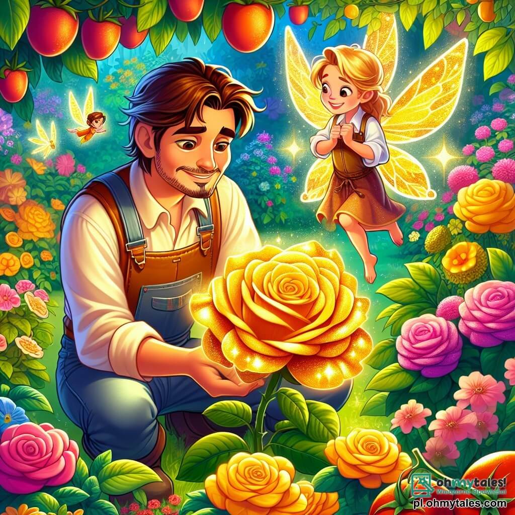Une illustration sous forme de dessin destinée aux enfants représentant un jardin enchanté, débordant de fleurs colorées et de fruits juteux, où un homme au sourire chaleureux, avec des cheveux bruns et une salopette de jardinier, s'agenouille pour admirer une magnifique rose dorée qui brille au soleil, tandis qu'une petite fée aux ailes scintillantes et aux cheveux dorés, flottant près de lui, lui sourit avec bienveillance, illustrant le moment magique où il découvre la rose et reçoit le don de la magie pour aider les autres.