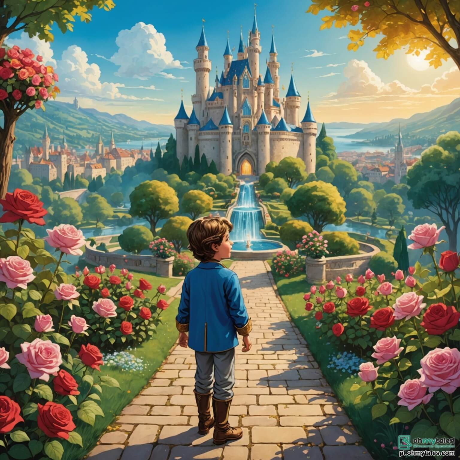 Une illustration destinée aux enfants représentant un jeune prince au cœur d'un royaume enchanteur, où les tours scintillantes du château de cristal s'élèvent majestueusement au-dessus des jardins fleuris, parsemés de roses éclatantes et de fontaines dansantes, tandis qu'il se tient avec détermination sur un chemin pavé de pierres dorées, rêvant d'un monde où il pourrait unir les cœurs de sa famille en guerre, entouré de sa fidèle amie, une princesse courageuse aux longs cheveux dorés, qui, avec son sourire éclatant et son esprit vif, l'encourage à surmonter les obstacles, tandis qu'un sage dragon aux écailles chatoyantes, gardien des secrets de la forêt voisine, veille sur eux depuis les ombres des arbres majestueux, créant une atmosphère magique et pleine d'espoir.