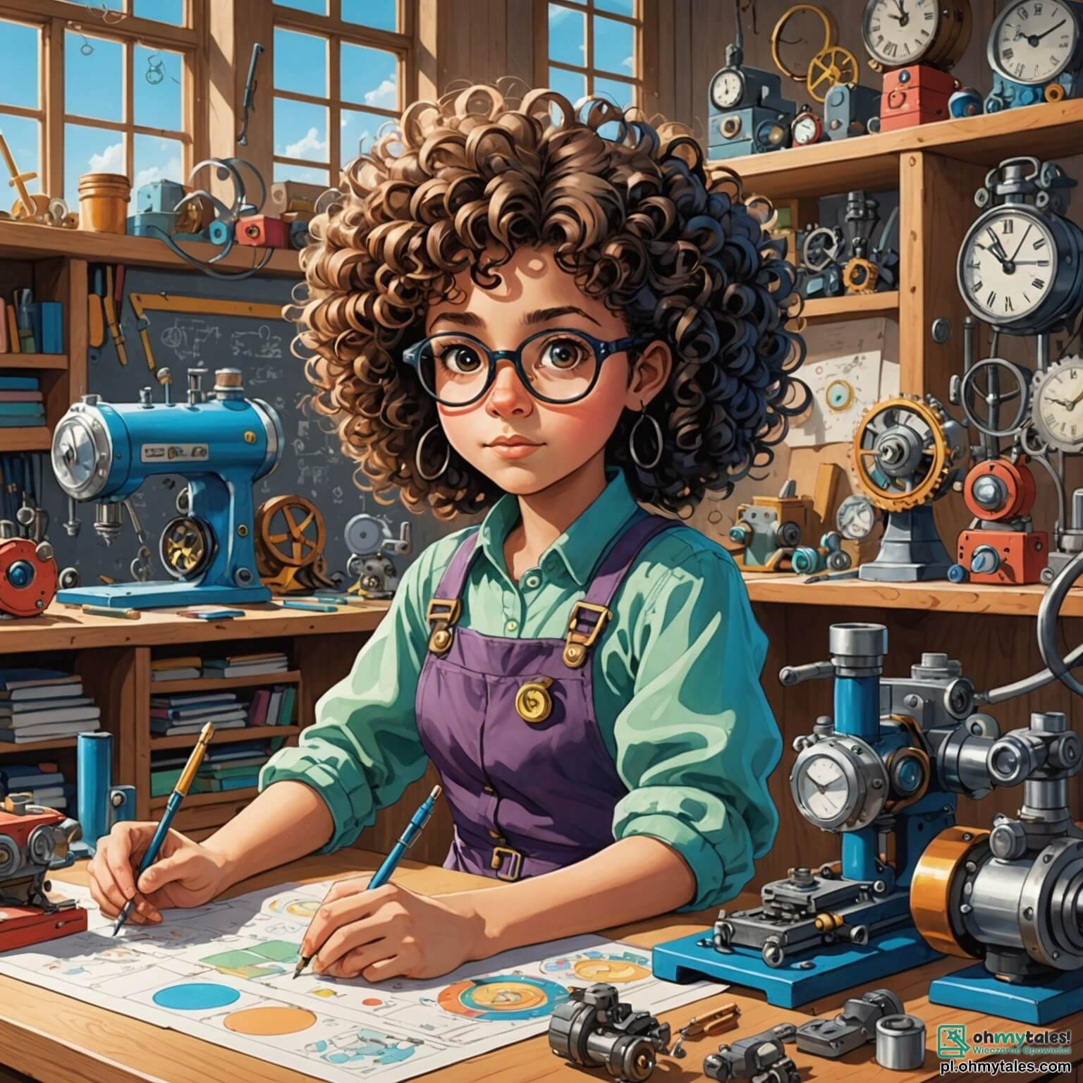 Une illustration destinée aux enfants représentant une femme aux cheveux bouclés et aux lunettes glissées sur le nez, entourée de machines colorées et de plans éparpillés sur un bureau en bois, dans un atelier lumineux rempli de gadgets scintillants et de rouages étincelants, où elle s'affaire à créer un incroyable horloge magique qui exauce des vœux, tandis que deux enfants, une fille aux yeux pétillants et un garçon curieux, l'observent avec émerveillement, impatients de découvrir les merveilles de son invention dans ce coin de paradis où l'imagination prend vie.