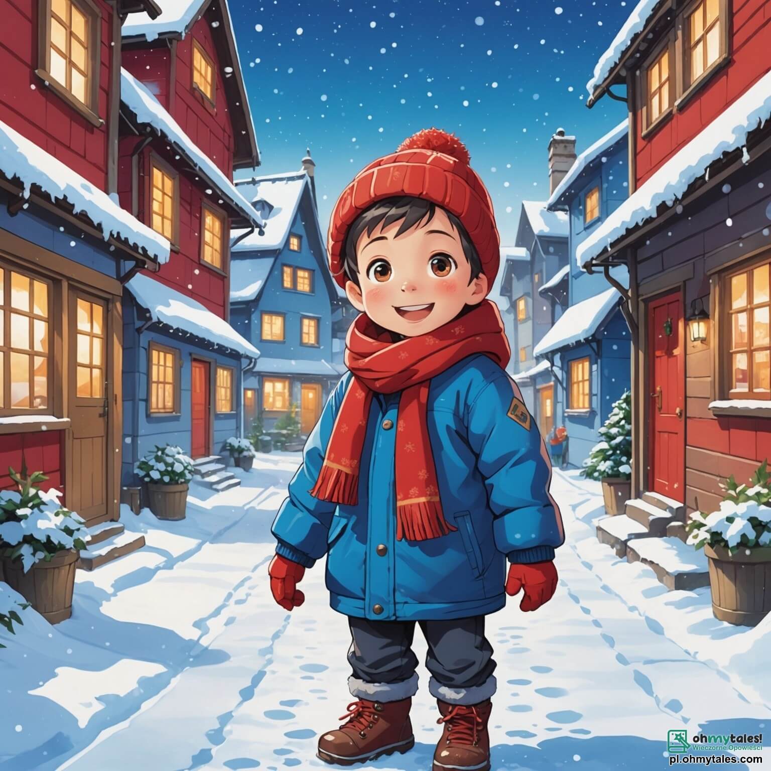 Une illustration destinée aux enfants représentant un petit garçon aux yeux pétillants de curiosité et de joie, vêtu d'une écharpe rouge vif et d'une épaisse doudoune bleue, se tenant au milieu d'un village enneigé où les flocons de neige dansent doucement dans l'air, entouré de maisons colorées aux toits recouverts de neige scintillante, tandis qu'il s'active avec enthousiasme à préparer des cartes de vœux pour ses voisins bienveillants, sous le regard affectueux de sa maman, une femme au sourire chaleureux, qui l'encourage à partager la magie de Noël avec tous ceux qui l'entourent.