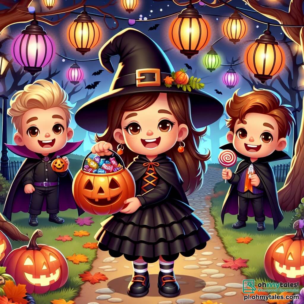 Une illustration sous forme de dessin destinée aux enfants représentant un parc mystérieux décoré de lanternes colorées et de feuilles d'automne, où une fille de 7 ans avec de longs cheveux bruns, portant un costume de sorcière noir avec une grande cape, tient une petite citrouille dans une main et sourit joyeusement, tandis qu'à ses côtés se tiennent deux amis : un garçon aux cheveux blonds en costume de vampire qui rit et une fille aux cheveux roux déguisée en fantôme qui lui tend un sac rempli de bonbons, tous trois prêts à partir à l'aventure pour récolter des friandises lors de la nuit d'Halloween.
