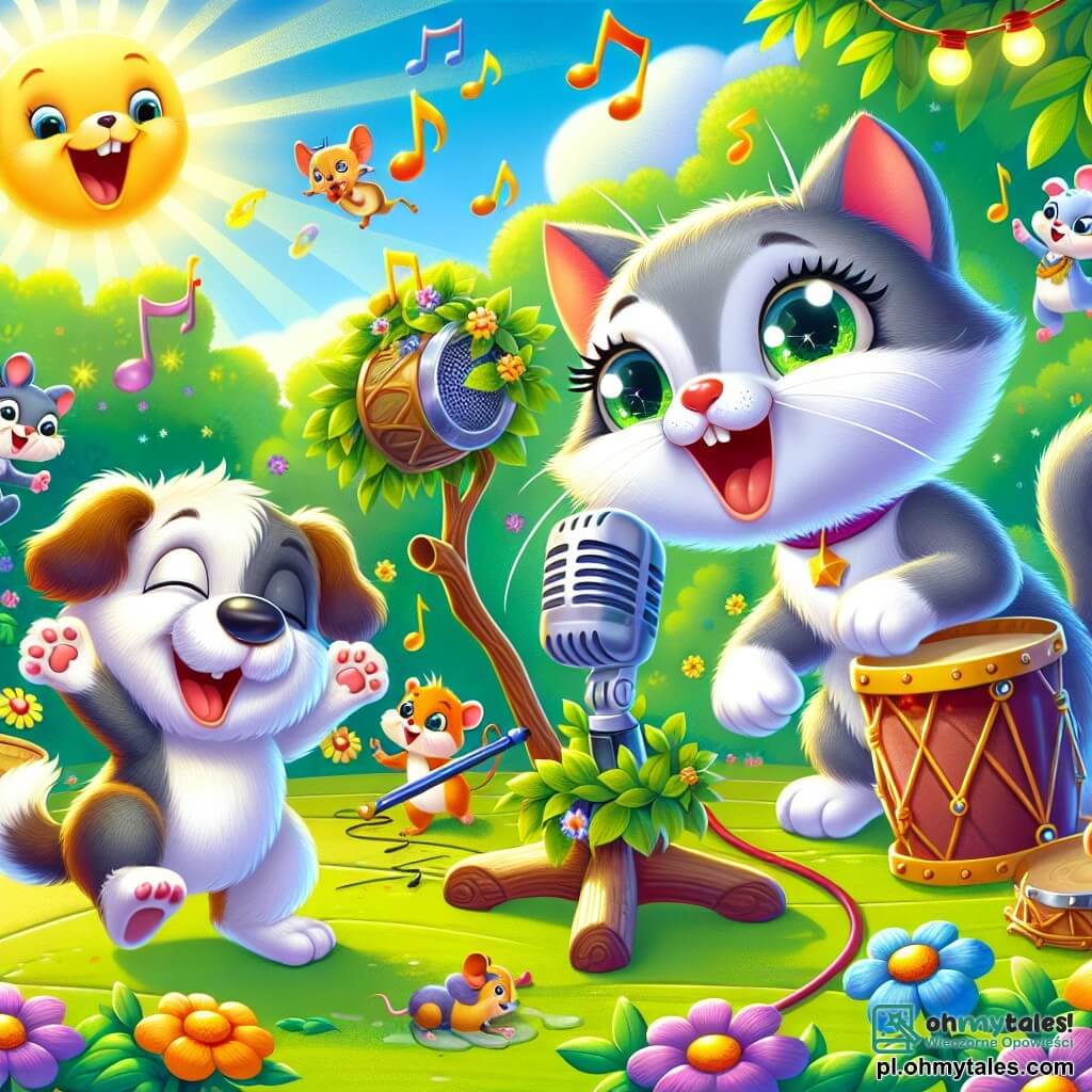 Une illustration sous forme de dessin destinée aux enfants représentant une scène joyeuse dans un parc ensoleillé, où une charmante chatte grise et blanche, aux grands yeux verts pétillants, chante avec enthousiasme dans un micro fait de branches et de feuilles, entourée de son ami, un chien énergique avec un pelage brun et des oreilles tombantes qui bat joyeusement des pattes comme un tambour, tandis qu'une petite souris aux couleurs vives joue sur un pot en métal, le tout baigné dans une ambiance festive avec des fleurs colorées et des animaux curieux qui dansent autour d'eux.