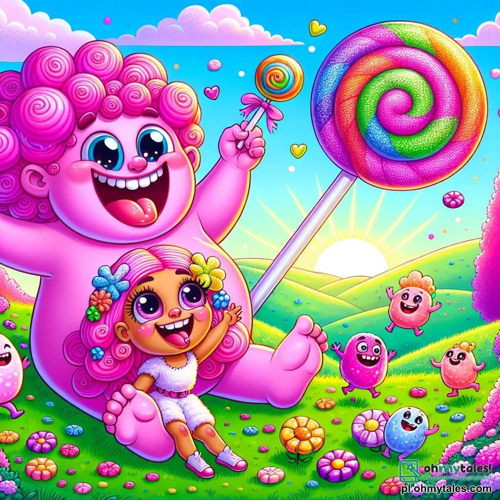 Une illustration sous forme de dessin destinée aux enfants représentant une vaste prairie colorée avec de l'herbe fuchsia et des fleurs éclatantes, où un géant joyeux, avec de grands yeux ronds et un large sourire, s'amuse à jouer à cache-cache avec un groupe de petites créatures rigolotes, ressemblant à des nuages en forme de bonbons, qui rient et sautent autour de lui, tandis qu'une chérie choupette, aux cheveux en spirales de guimauve, tient un énorme lizak scintillant, illustrant la magie et la joie d'une aventure pleine de rires et de découvertes.